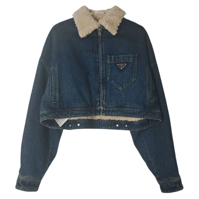 Prada Blue Cropped Jacket with Fur Collar