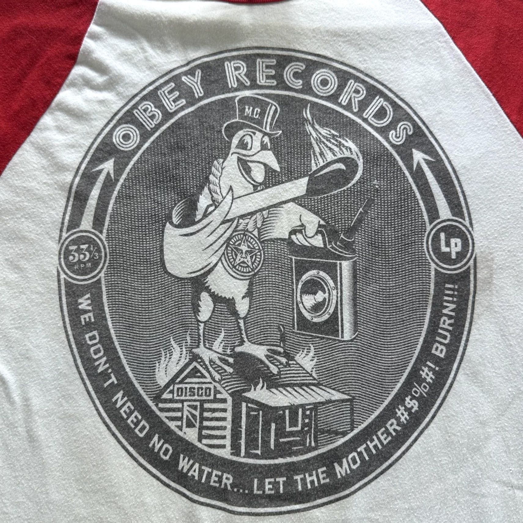 Obey OBEY Records Shirt Mens Small White Red Raglan 3/4 Sleeve Graphic Tee Made USA Size US S / EU 44-46 / 1 - 2 Thumbnail