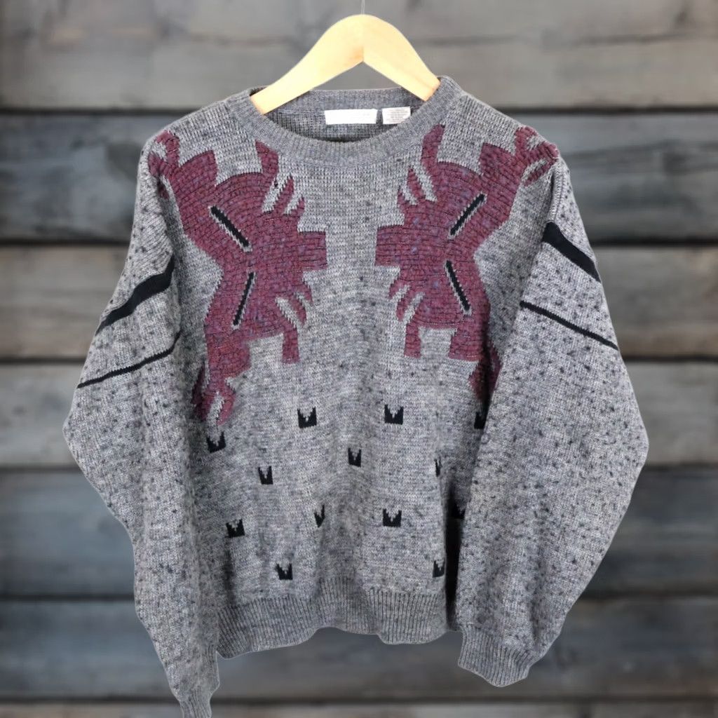 Vintage 90s Wool Blend Sweater Mens Large Gray Chunky Crewneck Pattern Geometric Size US L / EU 52-54 / 3 - 1 Thumbnail