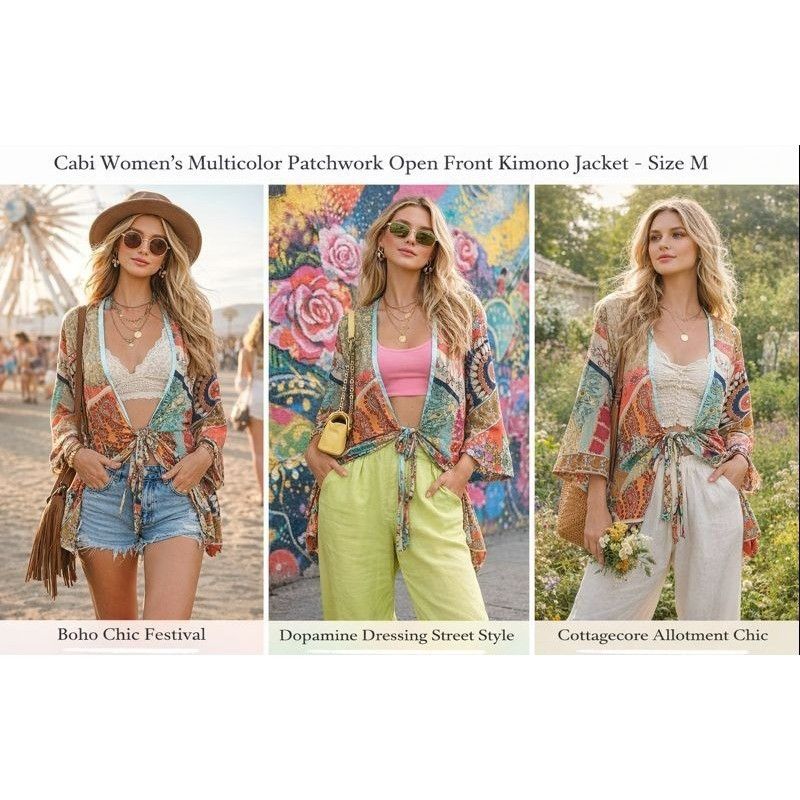 Other Cabi Women’s Kimono Jacket M Multicolor Patchwork Boho Chic Size ONE SIZE - 5 Thumbnail
