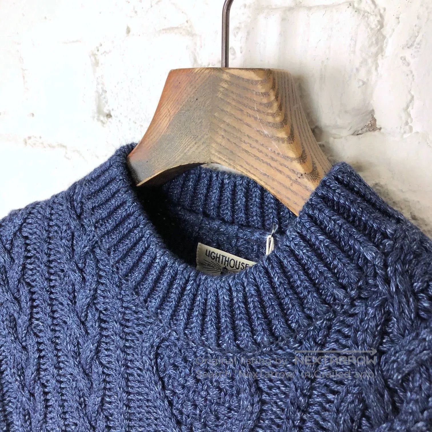 indigo aran crewneck sweater and hat set.
