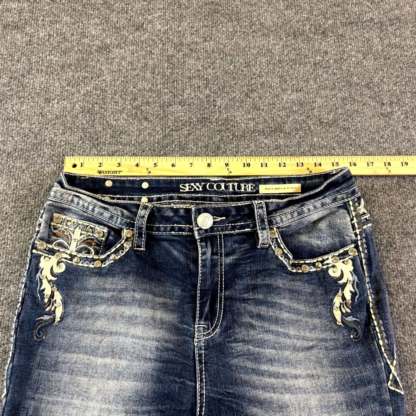 Denime Sexy Couture Jeans Women Bootcut 13 Blue Denim Rhinestone Pockets Western 5-Pocket Design Womens Blue Denim Cotton Jeans Size 34" / US 12 / IT 48 - 3 Thumbnail