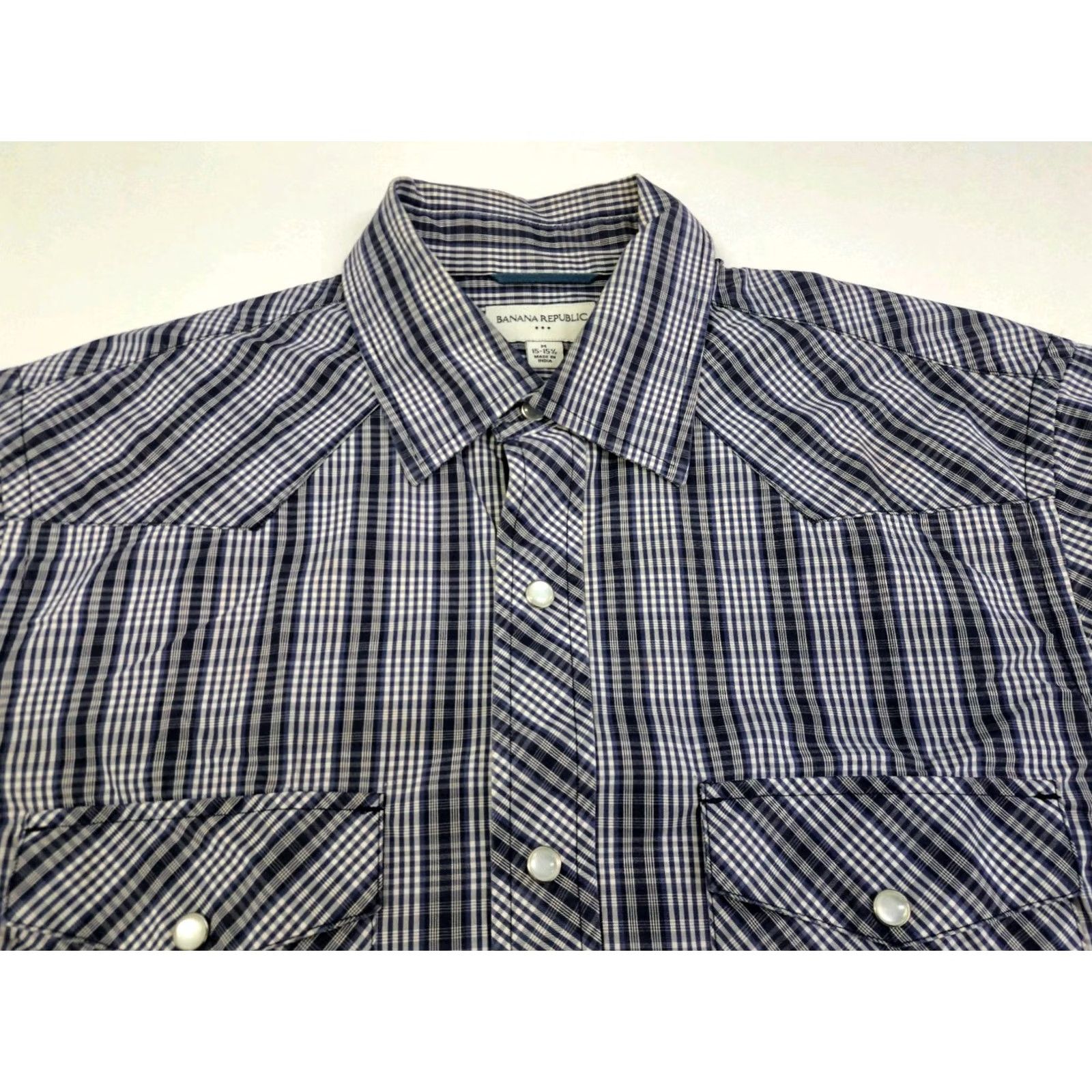 Banana Republic Banana Republic Shirt Mens Long Sleeve Pearl Snap Blue/Wht Plaid 15/15.5 Regular Cotton Western Cowboy Vintage: No Size US M / EU 48-50 / 2 - 2 Thumbnail