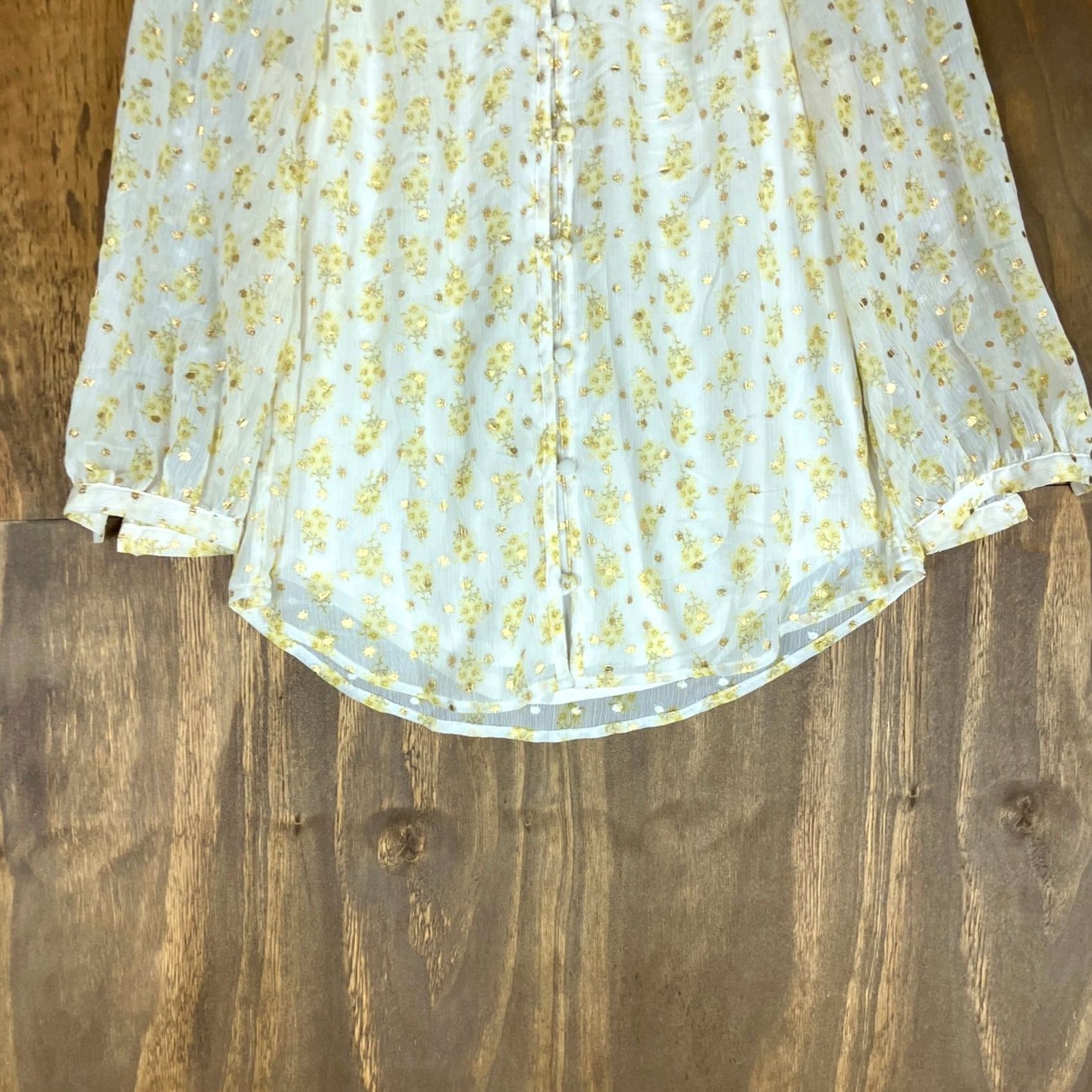 Lauren Conrad LC Lauren Conrad Womens Blouse White Yellow Floral Sheer Long Sleeve Lined XS Size XS / US 0-2 / IT 36-38 - 3 Thumbnail