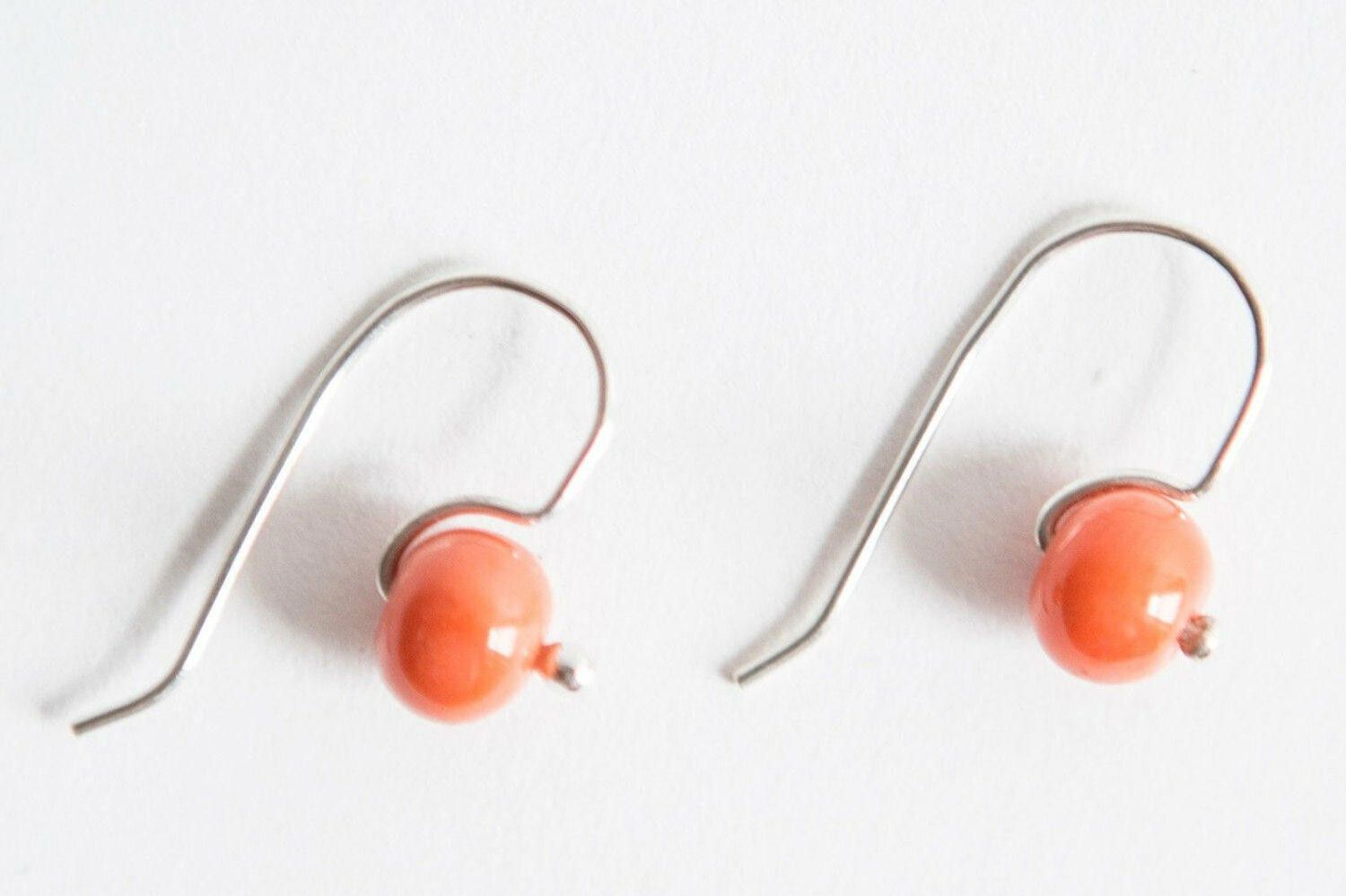 Designer Hand Made Sterling Silver Red Coral Bead Earrings Size ONE SIZE - 1 Thumbnail