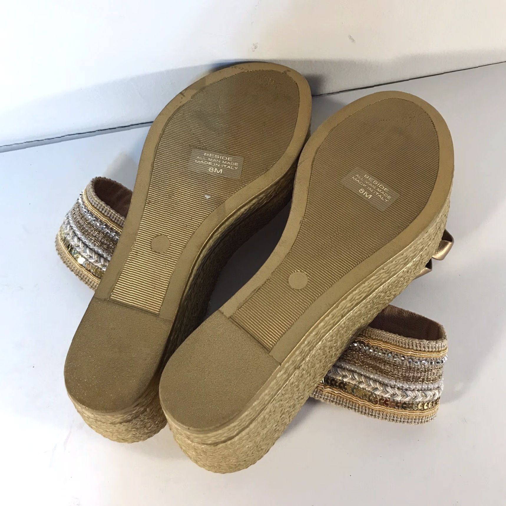 Vintage Italian Shoemakers Women's Wedge Slides Size 8M Gold Beaded Sequin Casual Sandals Italy Size US 8 / IT 38 - 5 Thumbnail