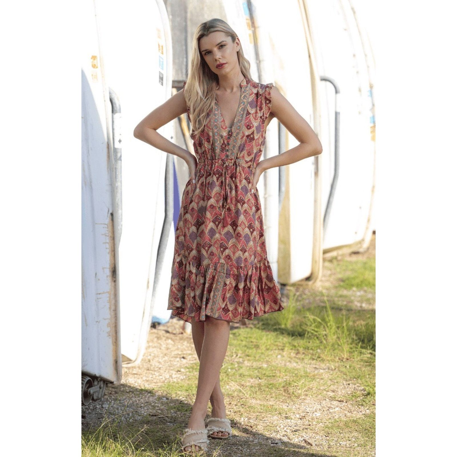 Other Cienna Salma Frill Silk Fancy Midi Dress Small Size S / US 4 / IT 40 - 1 Thumbnail