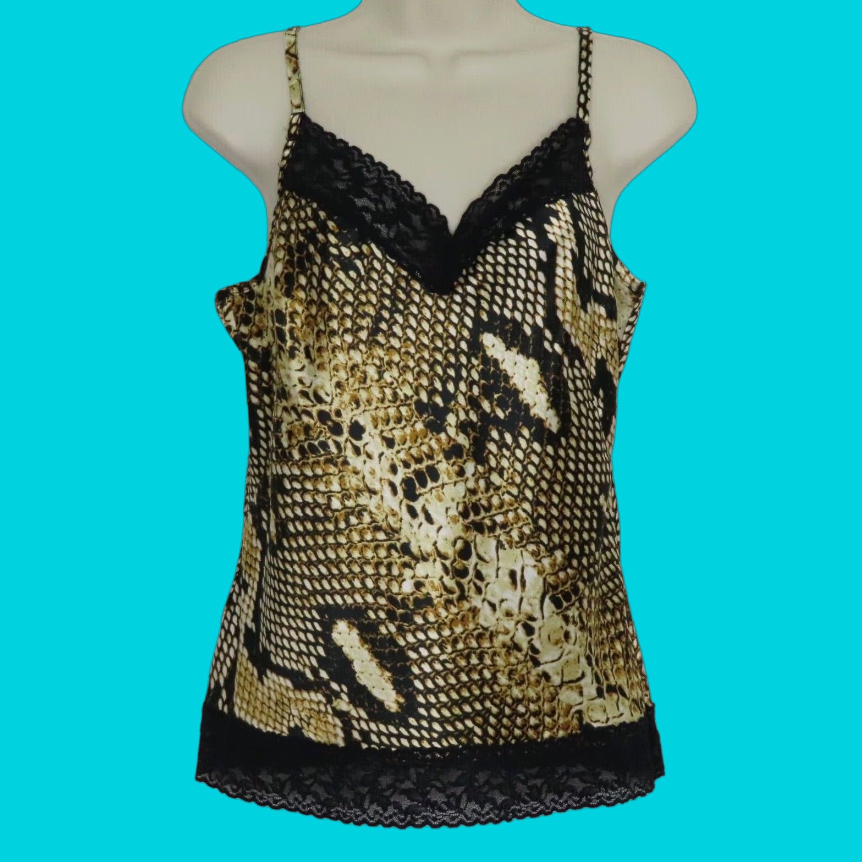Vintage VINTAGE Cache Womens Small Yellow Snakeskin Print Black Lace Spaghetti Strap Tank Shirt Shirt Size S / US 4 / IT 40 - 1 Thumbnail