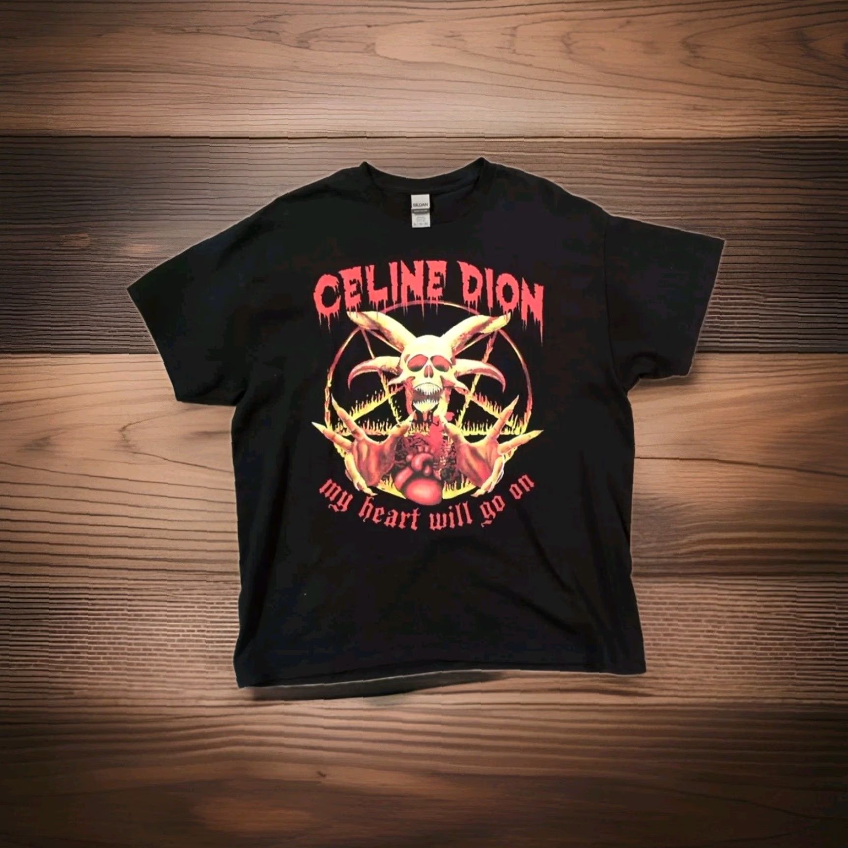 Gildan Celine Dion T-Shirt Metal Heart 80s 90s Retro Gildan Heavy Cotton Black XL Unisex Adults Short Sleeve Round Neck Boys Girls Mens Womens Size US XL / EU 56 / 4 - 3 Thumbnail