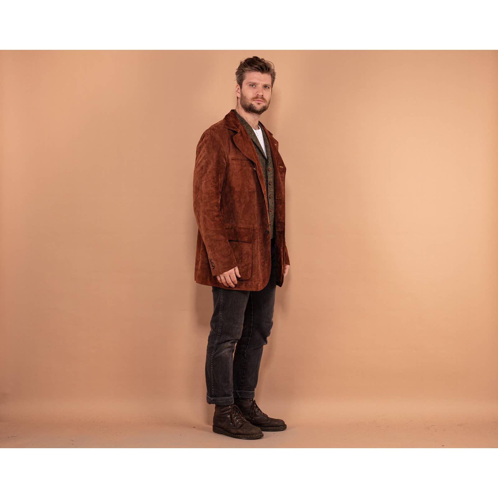 Vintage 90's Men Wool Lined Suede Jacket in Brown