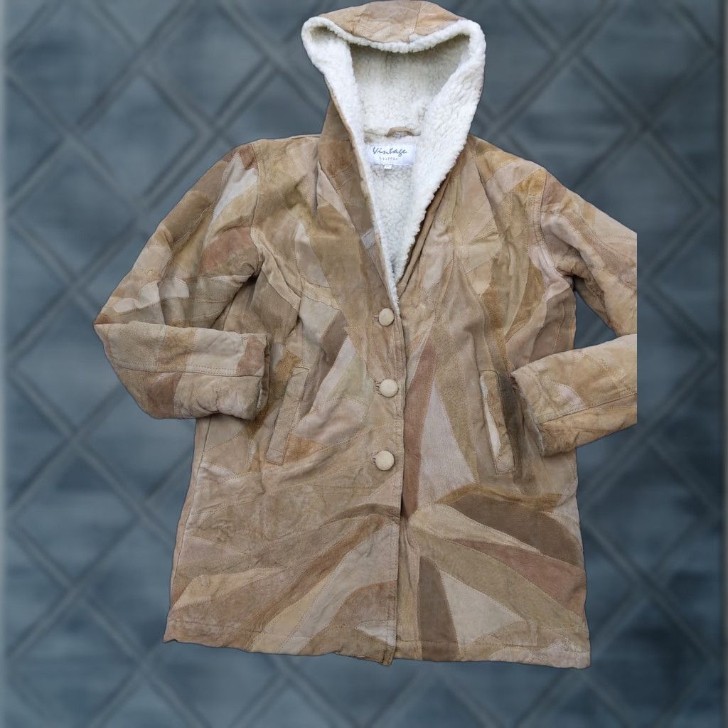 Vintage VINTAGE Leather Coat Womens M Beige Hooded Patchwork Shearling Lined Parka Size M / US 6-8 / IT 42-44 - 1 Thumbnail