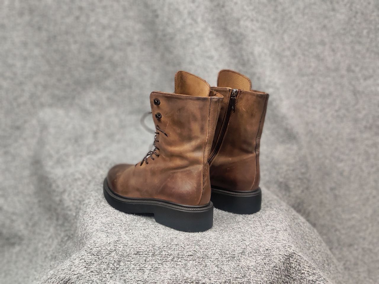 Lemargo Design Combat Leather Brown Lace Up Zip Womens Boots