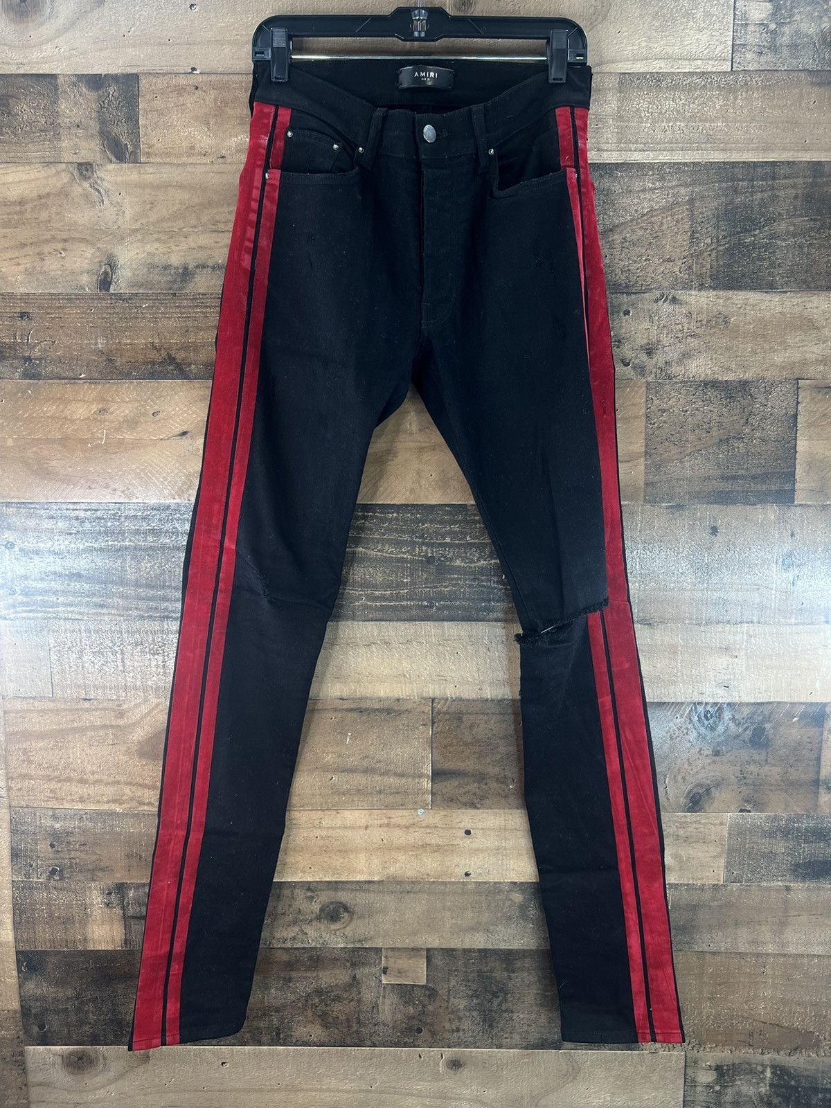 image of Authentic Amiri Velour Track Jeans In Black & Red Size 31X34, Men's