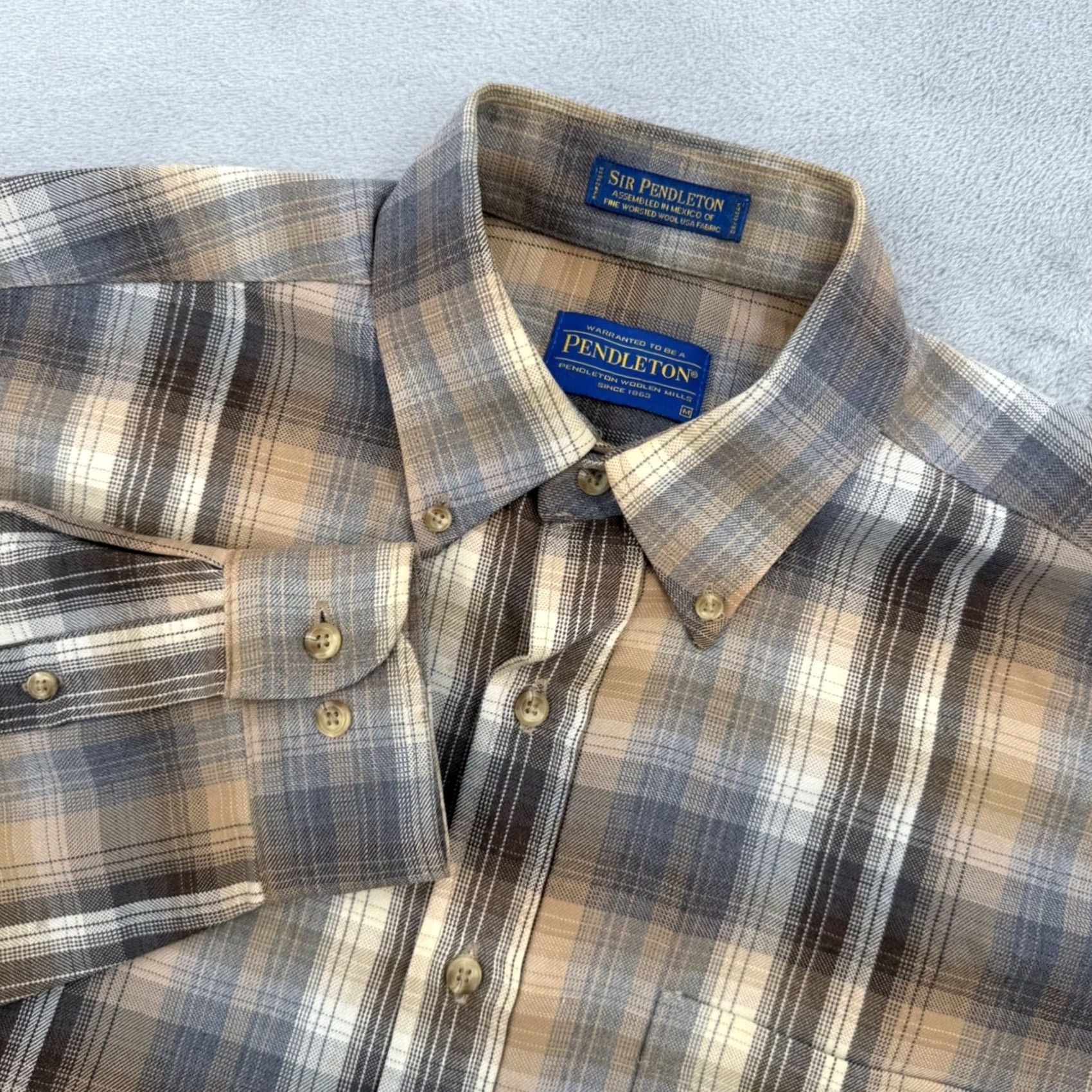 Pendleton Sir Pendleton Mens Plaid Worsted Wool Button-Down Shirt Tan Brown Grey M Size US M / EU 48-50 / 2 - 2 Thumbnail