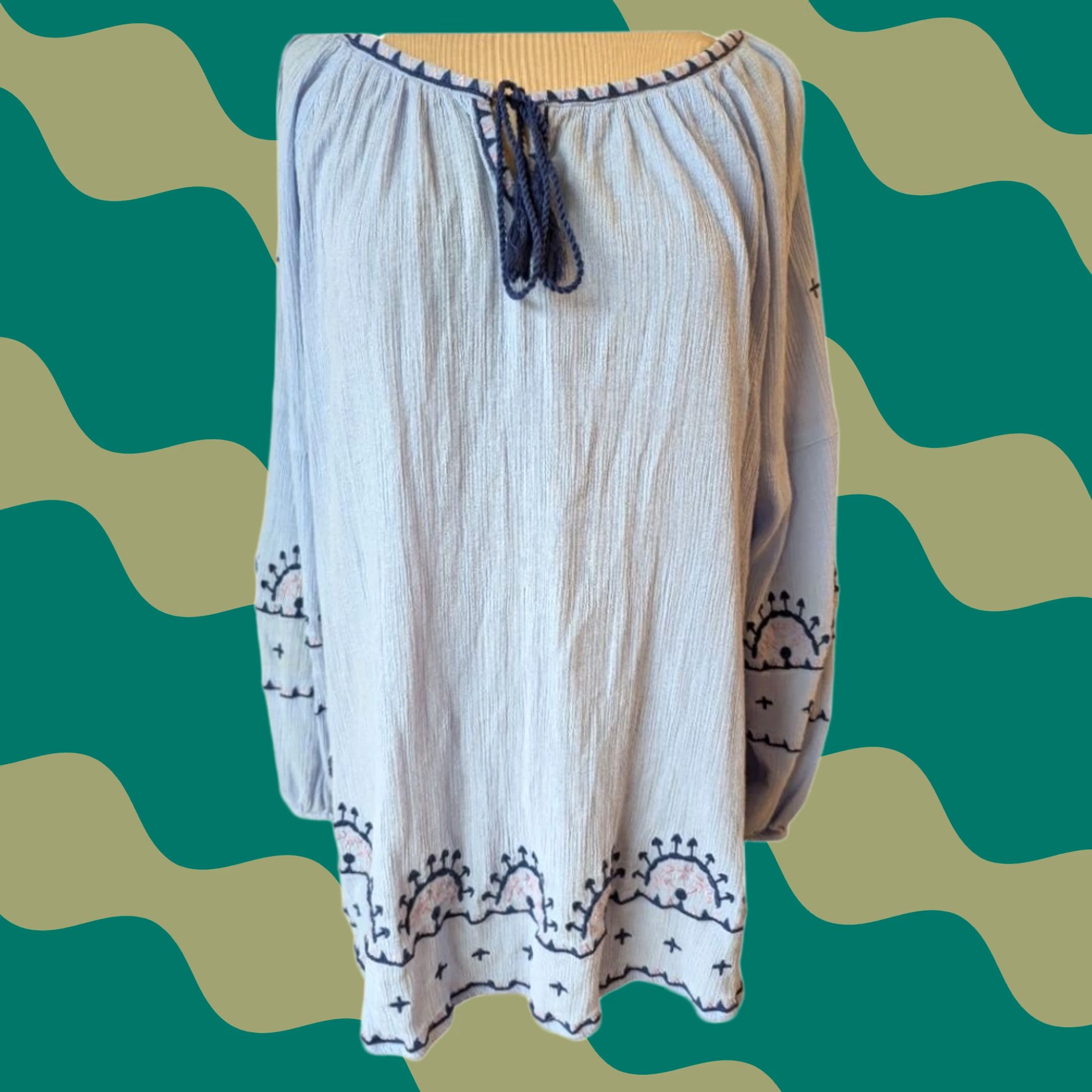 Vintage Ellos Light Blue Balloon Sleeve 100% Cotton Embroidered Top Womens Size 18 Boho Size XXL / US 16-18 / IT 52-54 - 1 Thumbnail