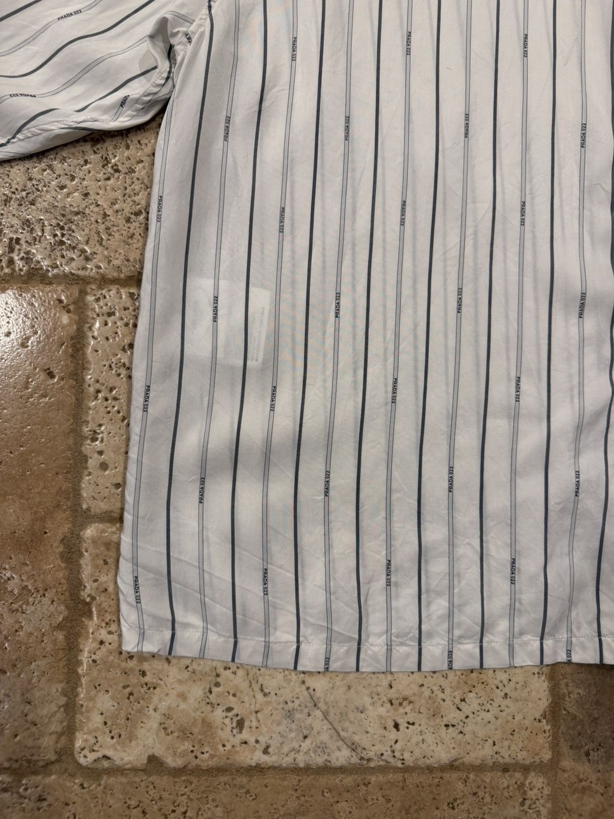 Prada Prada Raf Simons 2022 Logo Stripe White Silk Button Up Shirt Size US XL / EU 56 / 4 - 7 Thumbnail