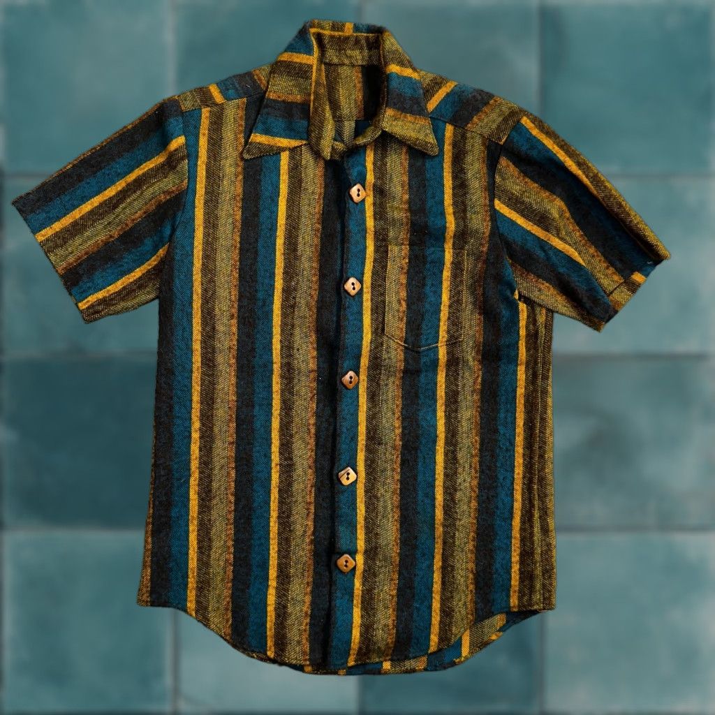 Vintage 1960s Wool Short Sleeve Striped Wood Button Down Shirt 60s 70s Rockabilly Mens L Blue Shirt Size US L / EU 52-54 / 3 - 1 Thumbnail