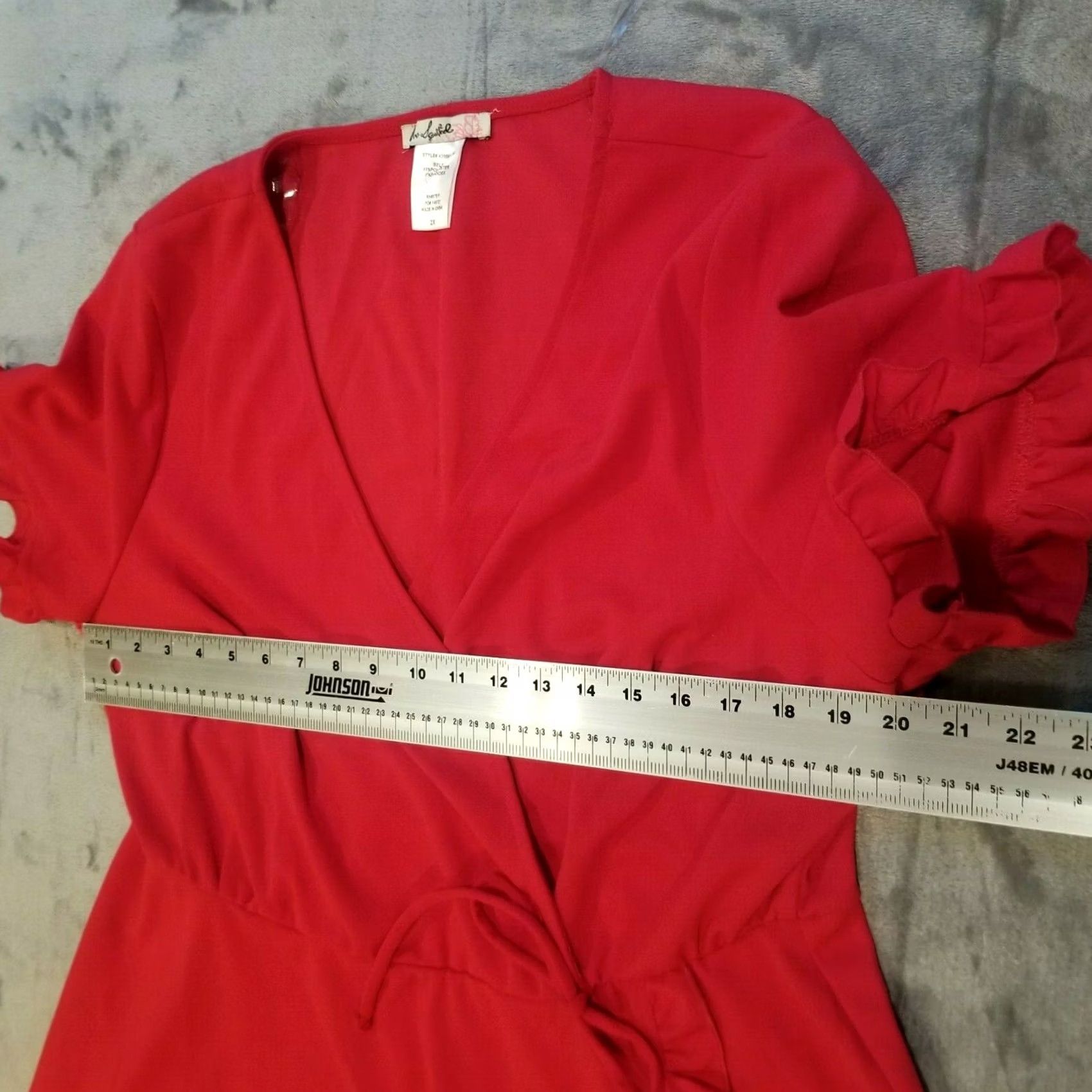Vintage Love Squared Trendy Plus Size Faux-Wrap Dress Red 2X Short Sleeve Ruffle Trim Midi Dress Womens Size 40" / US 18 - 6 Thumbnail