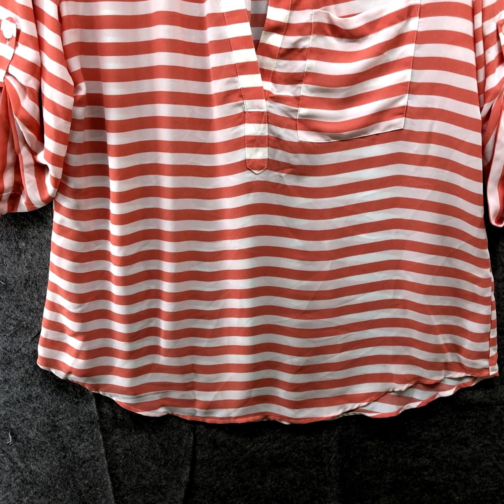 Pinko NWT Soho Jeans Chiffon Blouse Pink Peach White Stripe Womens XL Popover Roll Tab Shirt Blouse Shirt Size XL / US 12-14 / IT 48-50 - 5 Thumbnail