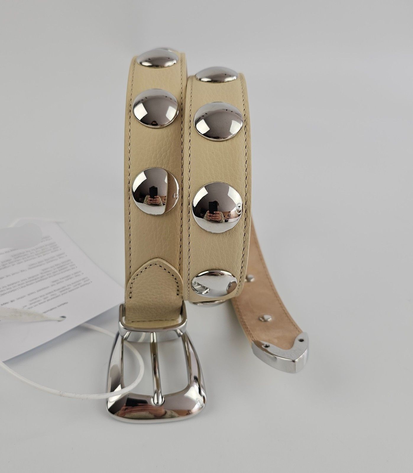KHAITE Benny Dark Ivory Leather Silver Studs Belt