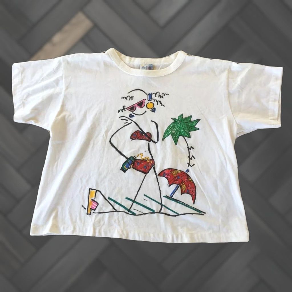 Vintage VINTAGE Beached T-Shirt Beach Theme Graphic Womens M White 1980s Crop Top Short Sleeve Polycotton United States Size M / US 6-8 / IT 42-44 - 1 Thumbnail