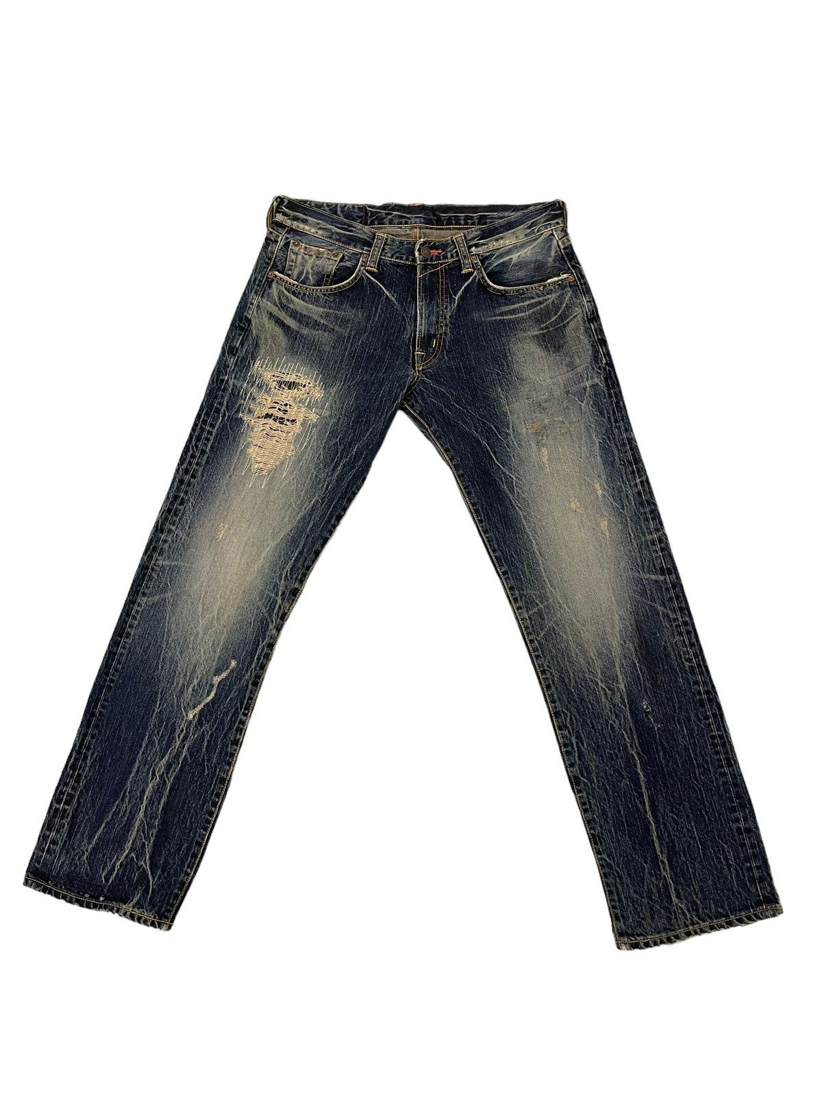 Edwin Distress Patchwork Edwin Japan Faded Acid Wash Loose 7🟦4 Size US 35 - 1 Thumbnail