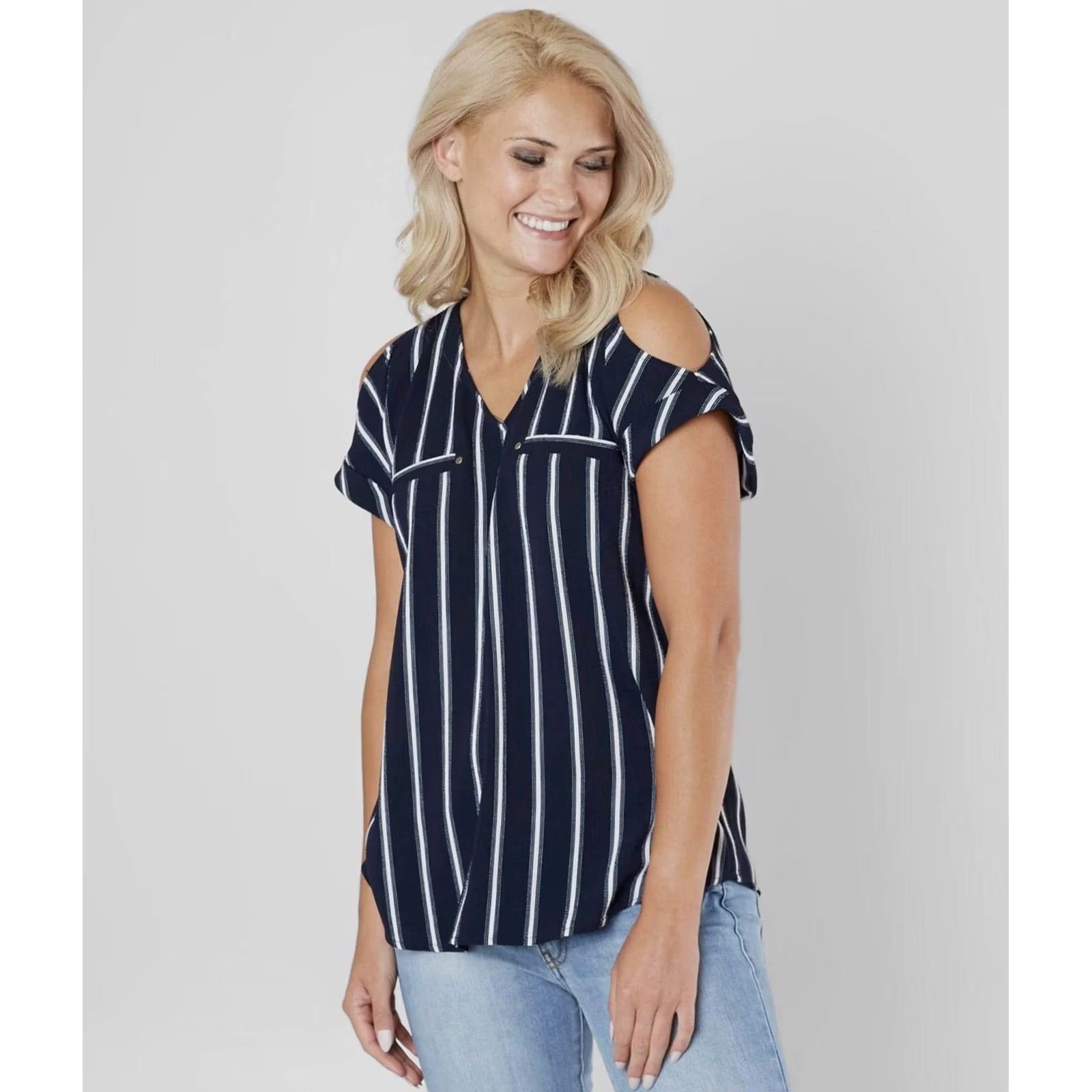 Vintage Buckle Daytrip Navy/White Striped V-Neck Cold Shoulder Short Sleeve Top Blouse M Size M / US 6-8 / IT 42-44 - 2 Thumbnail
