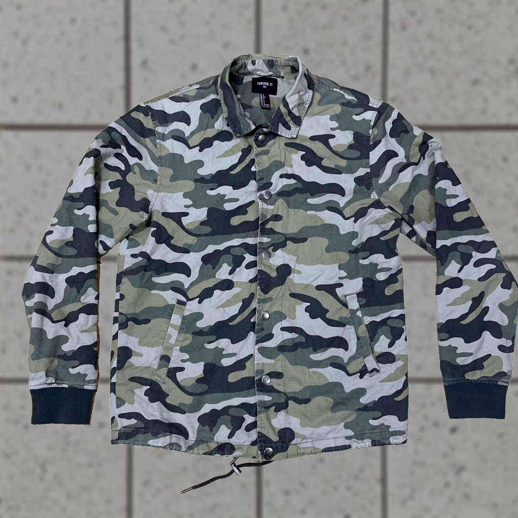 Forever 21 FOREVER 21 Jacket Men S Camouflage Army Green Gray Lined Bomber Button Snap Waist Cinched Canvas Polyester Casual Military Style 90s Size US S / EU 44-46 / 1 - 1 Thumbnail