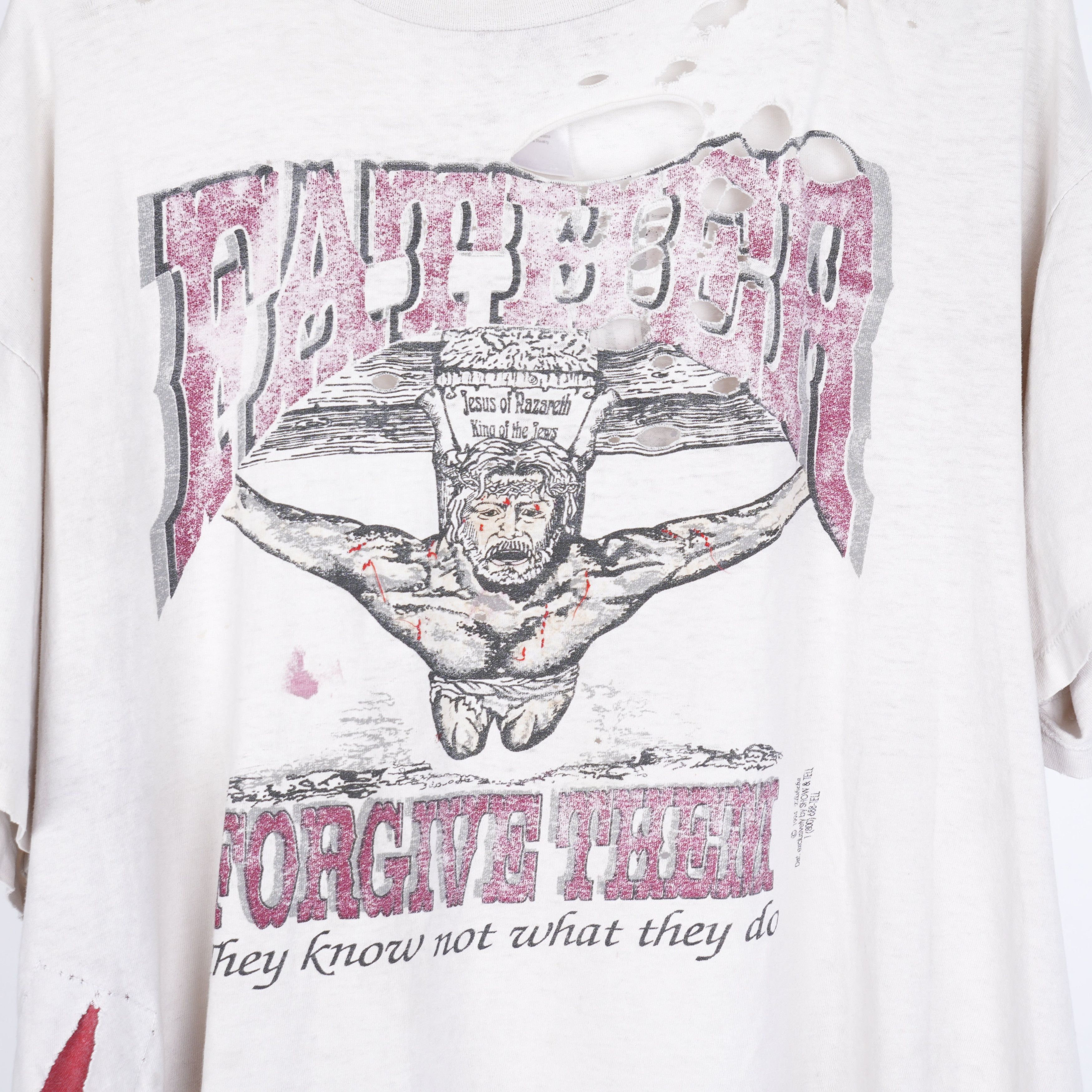 Vintage FATHER FORGIVE THEM WHITE THRASHED VINTAGE T-SHIRT Size US XL / EU 56 / 4 - 3 Thumbnail