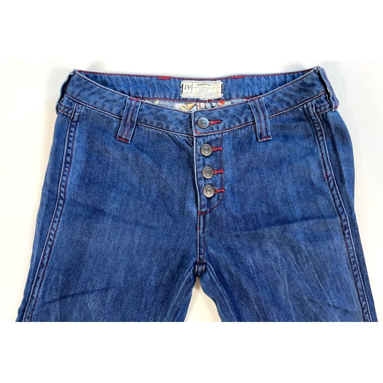 Free People VINTAGE Women's Free People Flare Jeans Boho Embroidered Sz 25 Blue Cotton Denim 31in Inseam Womens Baggy Flared Bohemian 25 Jeans Size 42" / US 20 - 5 Thumbnail