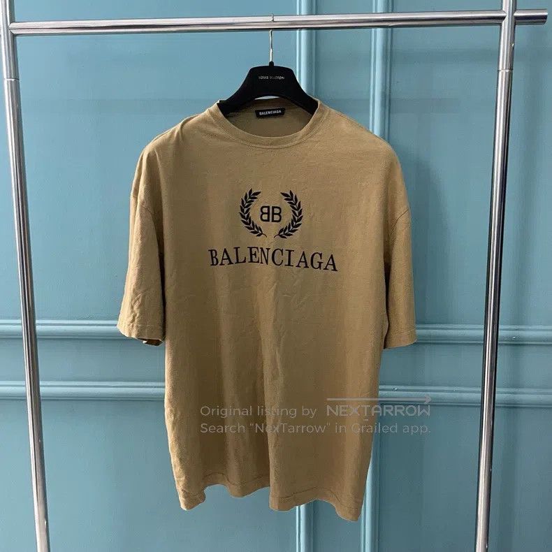 Balenciaga Balenciaga Khaki Logo Wheat Pattern Short Sleeve T-Shirt Size US L / EU 52-54 / 3 - 1 Thumbnail