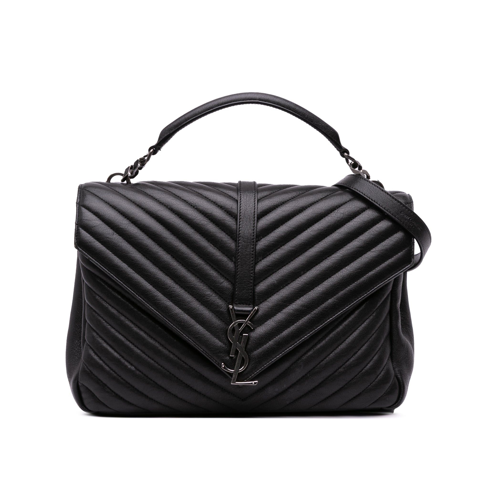 Saint Laurent Paris Saint Laurent Large Sheepskin Chevron Monogram Monochrome College Bag Black Size ONE SIZE - 1 Thumbnail