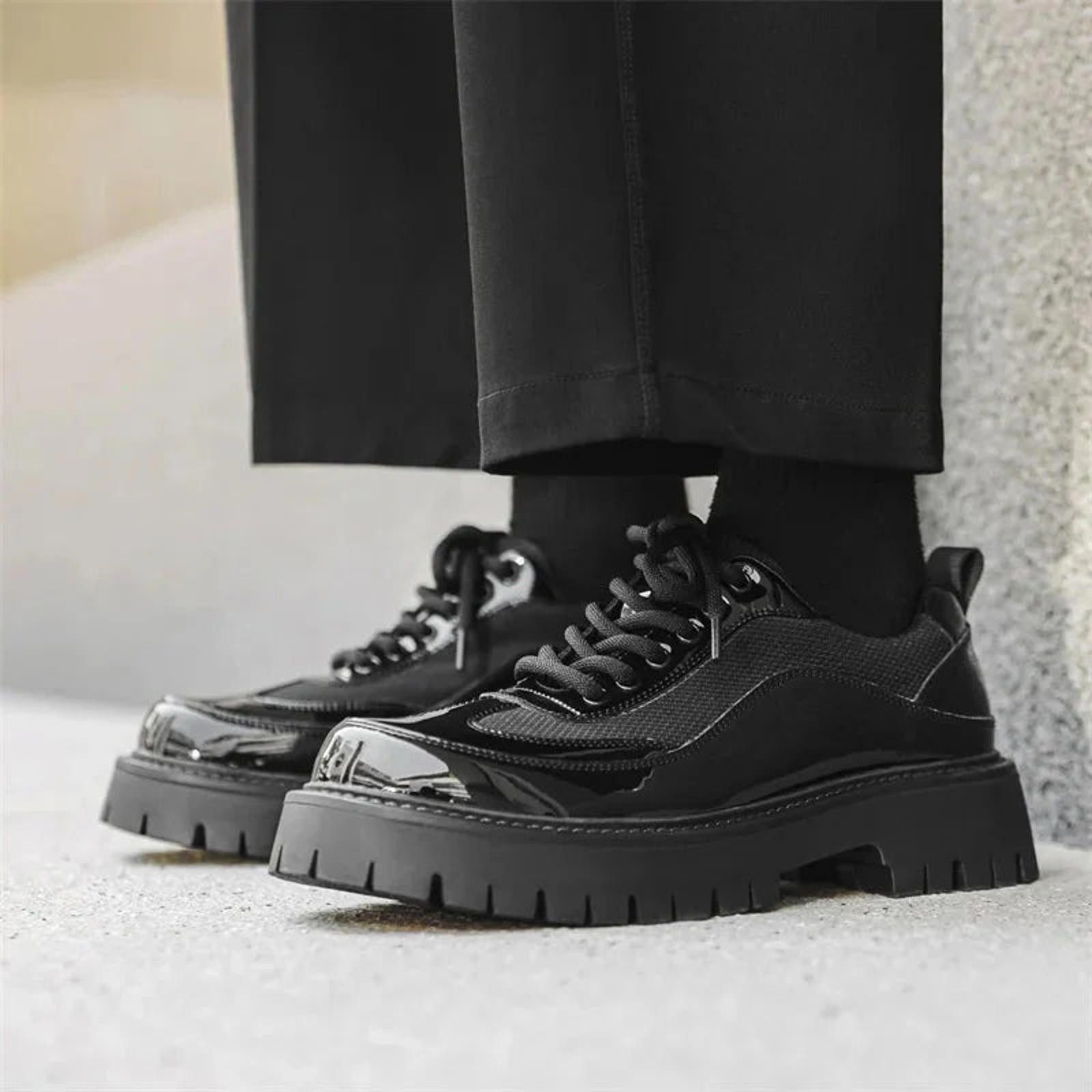 Faux Leather Hybrid Mesh/patent Plaform Boots Shoes in Black, Men's (Size 9)