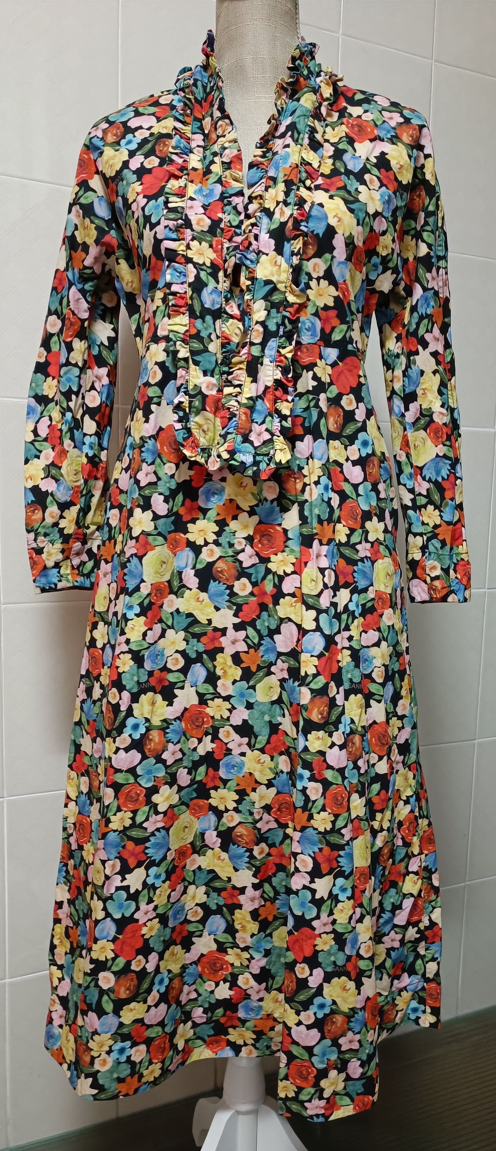 Ganni Tie-Neck Multicolor Floral - Print Cotton -Poplin Maxi Dress Size S / US 4 / IT 40 - 1 Thumbnail