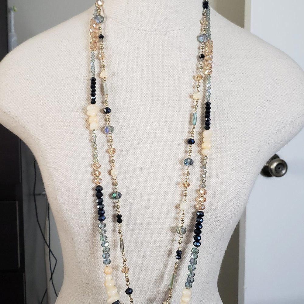 Designer Double Stranded Blue, Clear & Cream Crystal Necklace 40" Size ONE SIZE - 2 Thumbnail
