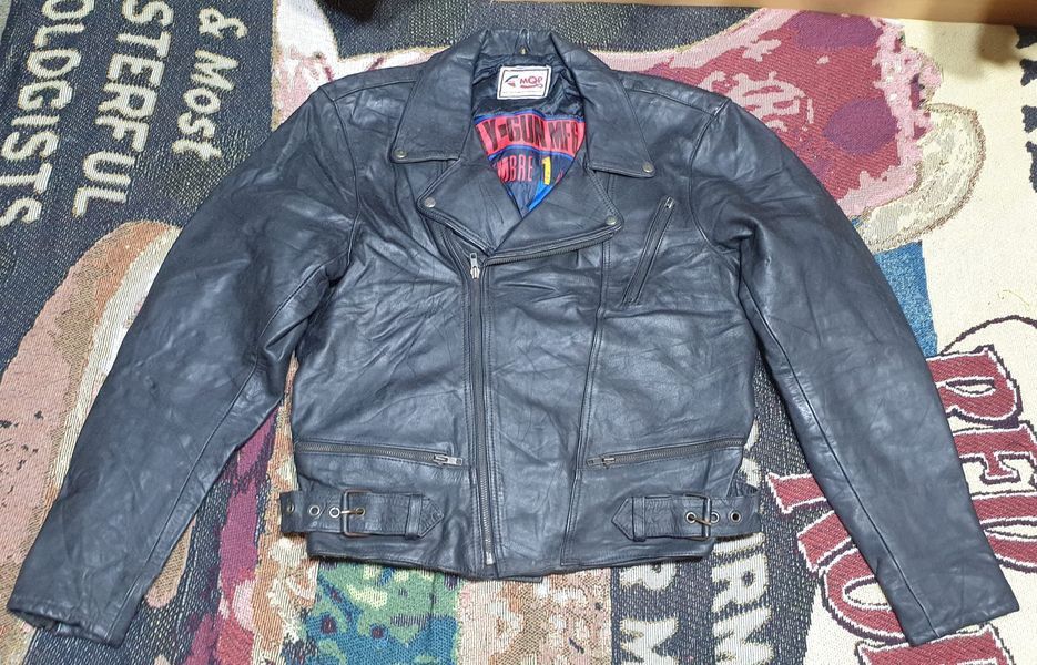 image of Leather Jacket Vintage 90's Black Real Leather Biker Man Jacket Mqp Belt, Men's (Size Small)