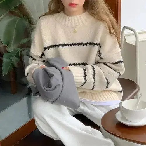 Japanese Brand Autumn Winter Sweater Women Knitted Shirts Warm Stiped Size ONE SIZE - 4 Thumbnail
