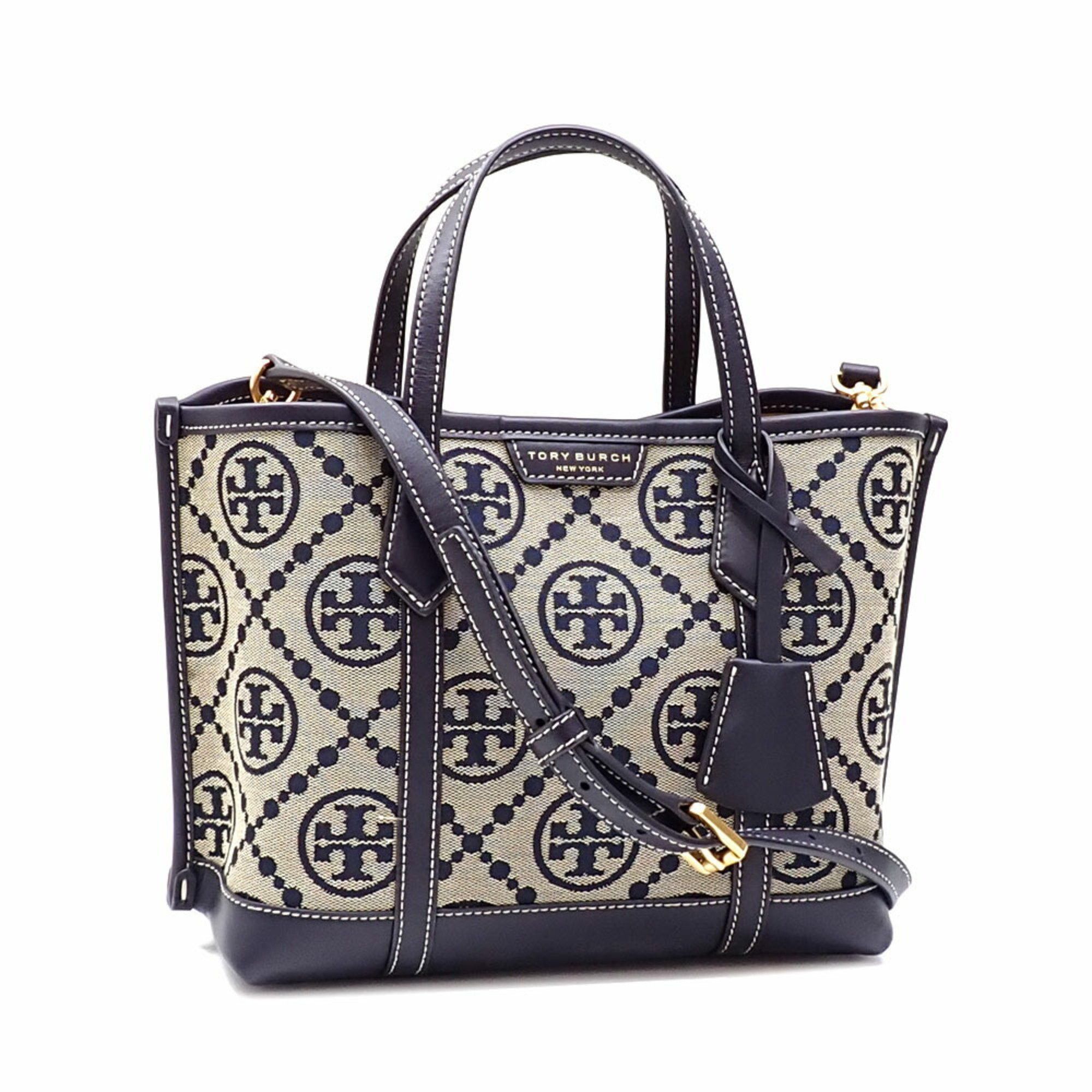 Tory Burch Tote Bag Perry Small Triple Compartment Women's Navy Canvas Leather 83313 Shoulder Hand in Blue