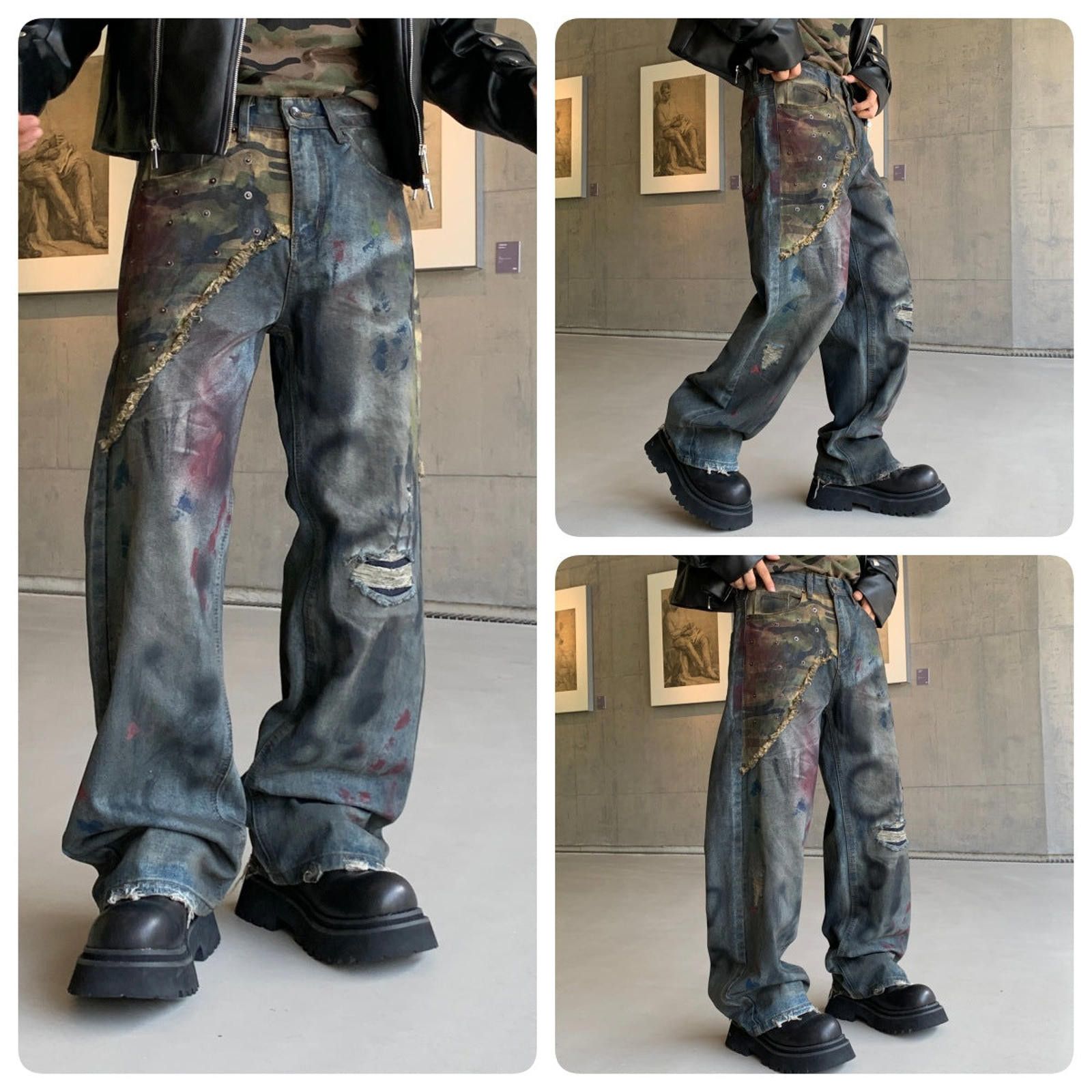 Vintage Black Distressed Baggy Wide Leg Jeans, Artistic Paint Detail Size US 32 / EU 48 - 5 Thumbnail