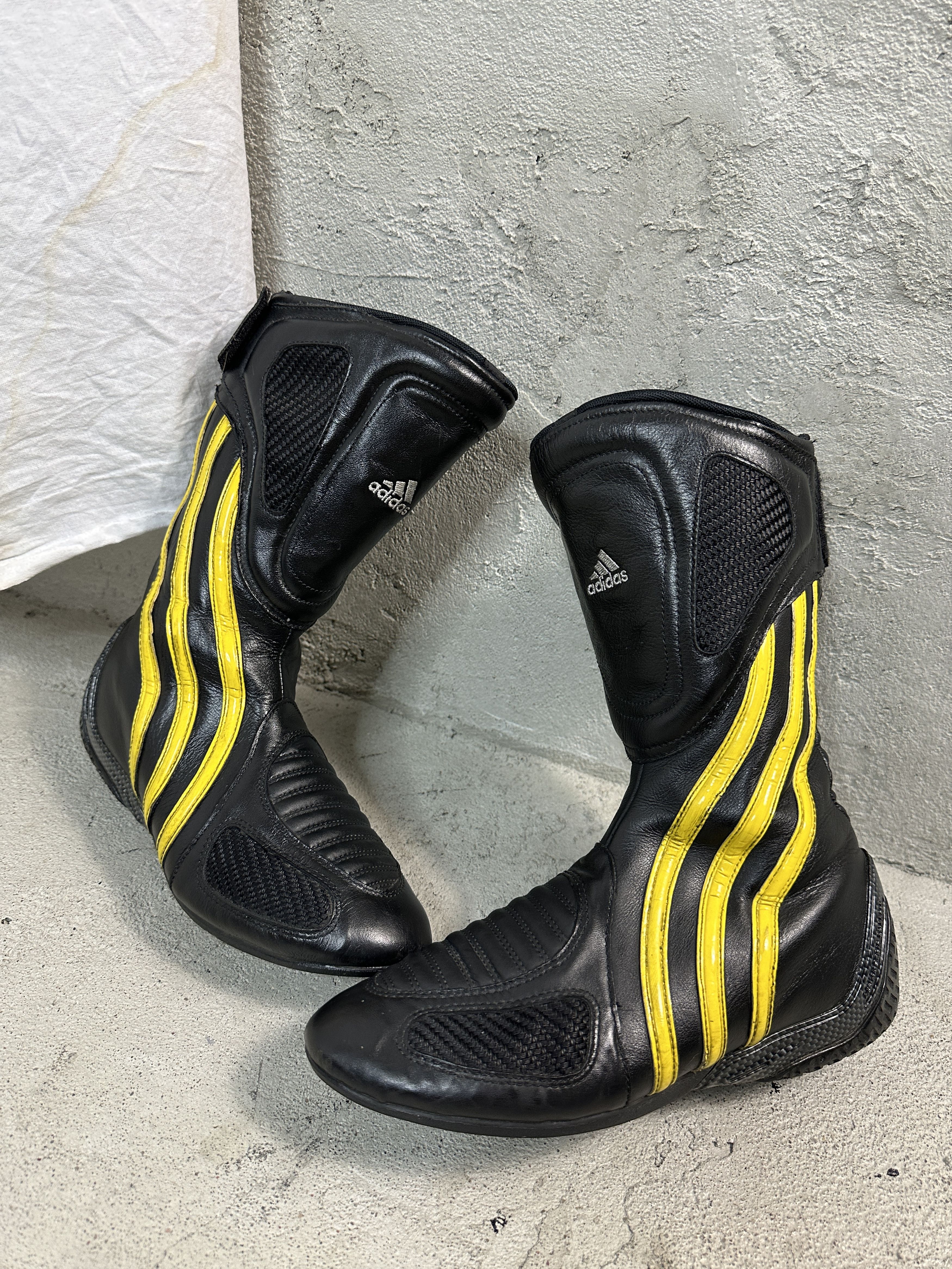 Vintage Adidas Moto Biker Y2K Boots 00S Leather Shoes in Black, Men's (Size 6)