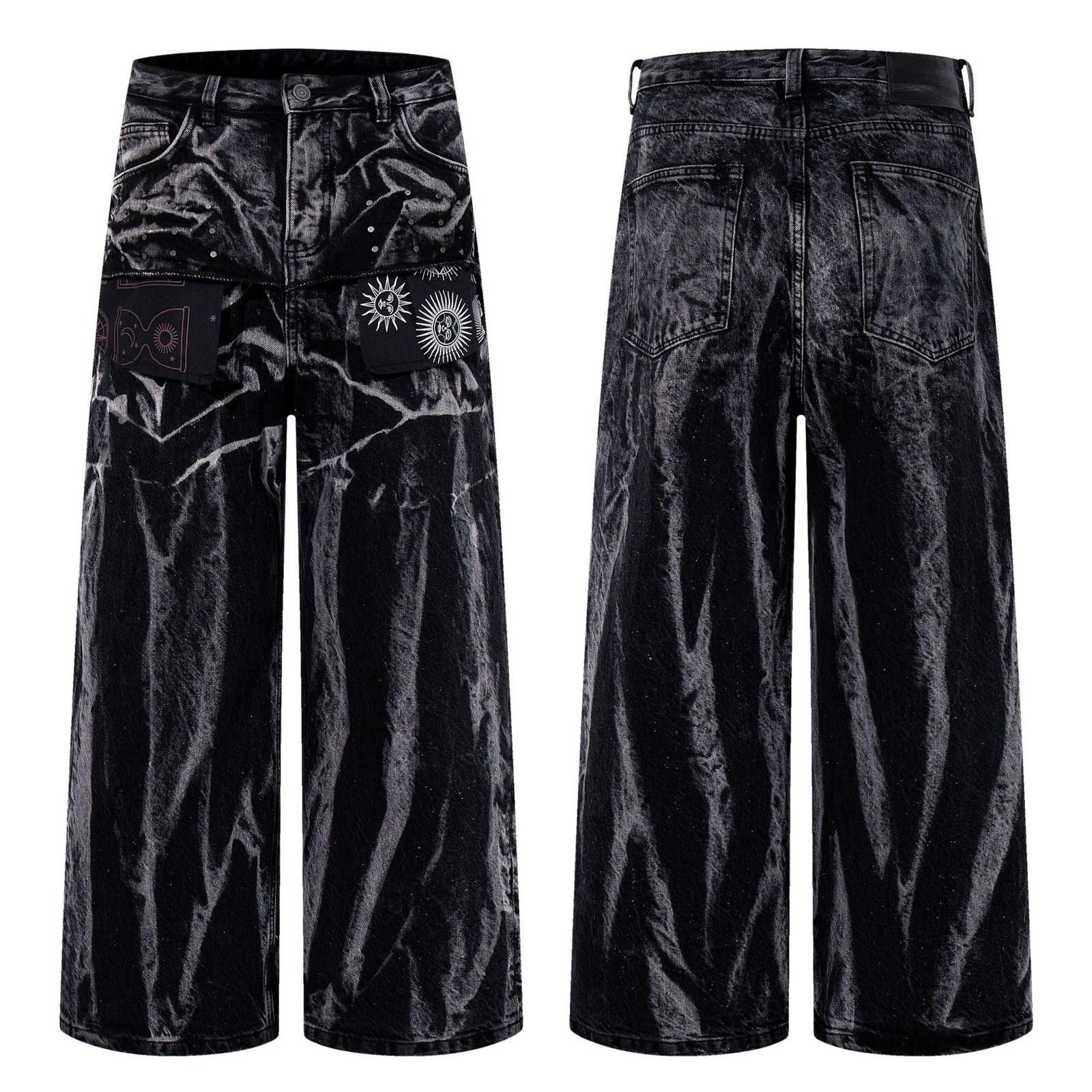 Vintage Black Tie-Dye Wide Leg Casual Pants, Patch Pocket Jeans Size 28" / US 6 / IT 42 - 5 Thumbnail