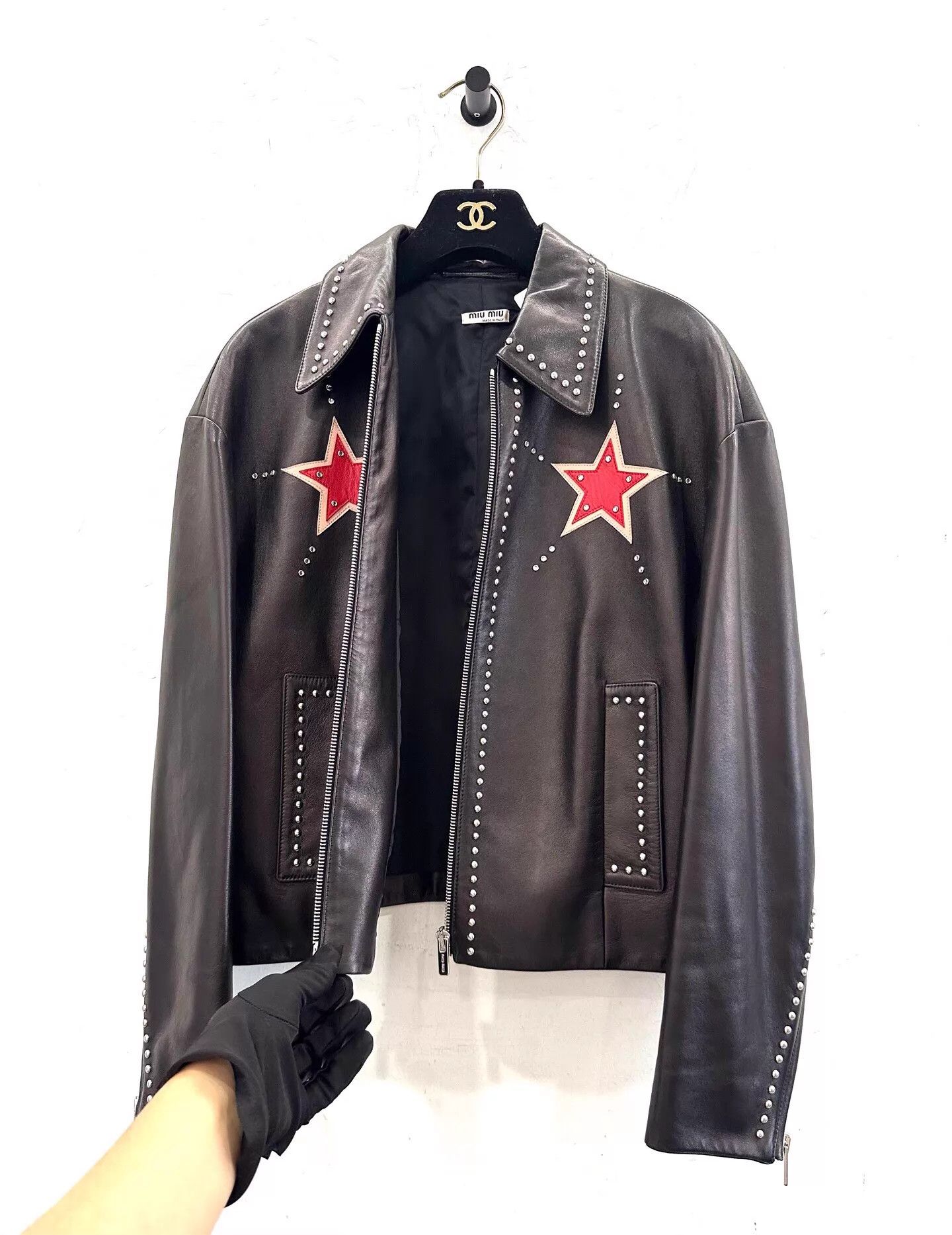 Miu Miu MIU MIU Black Leather Red Star Crystal Logo Jacket Size S / US 4 / IT 40 - 4 Thumbnail