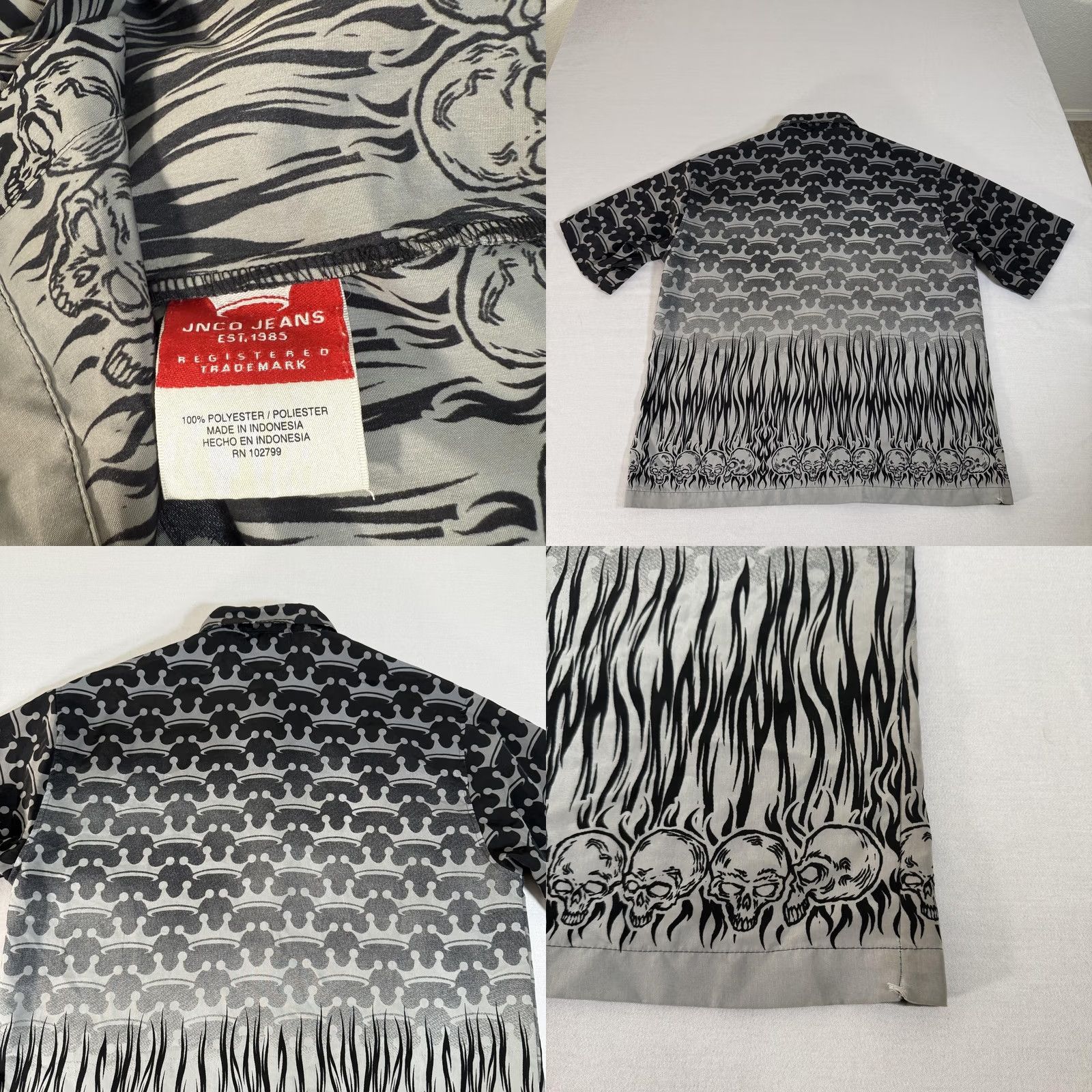 JNCO VINTAGE JNCO Shirt Mens Large Gray Skull Flames Crown Tribal Button Up Jeans Y2K Size US L / EU 52-54 / 3 - 8 Thumbnail
