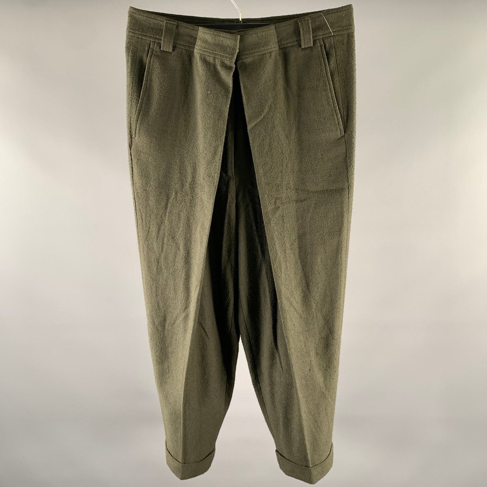 Haider Ackermann HAIDER ACKERMANN Green Olive Viscose Blend Distressed Pants Size US 32 / EU 48 - 1 Thumbnail