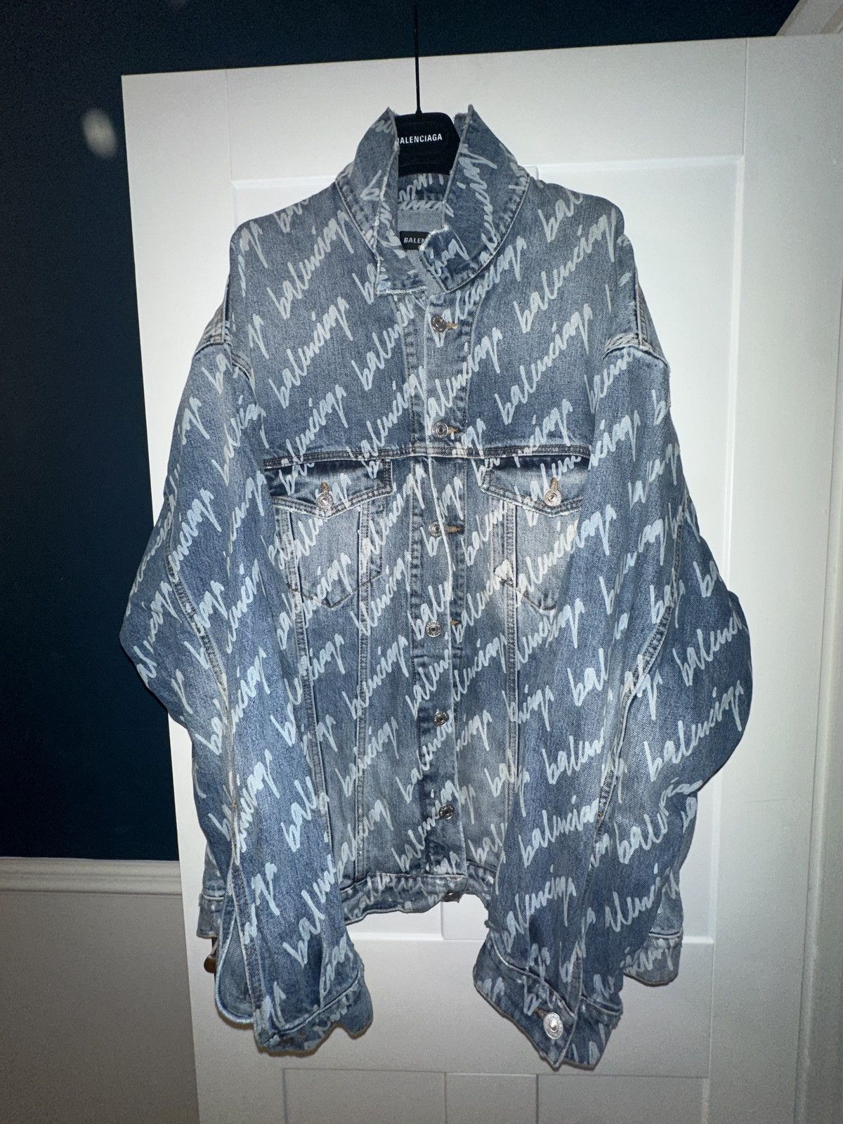 image of Balenciaga Destroyed Denim Jacket in Blue, Men's (Size Small)