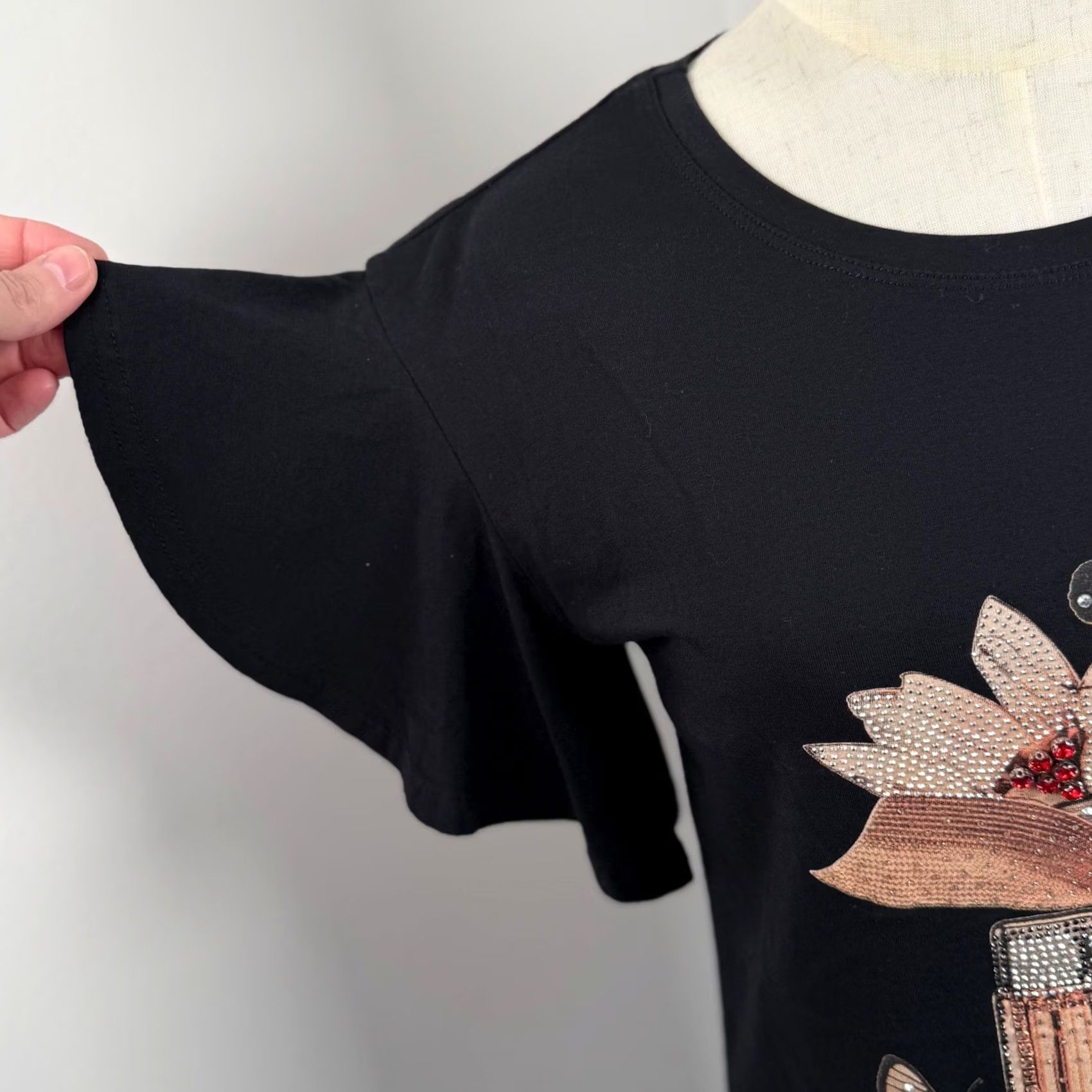 Vintage Vinizbena Paris Rhinestone Flutter Sleeve M Black Artsy Mixed Media Tee T Shirt Size M / US 6-8 / IT 42-44 - 5 Thumbnail