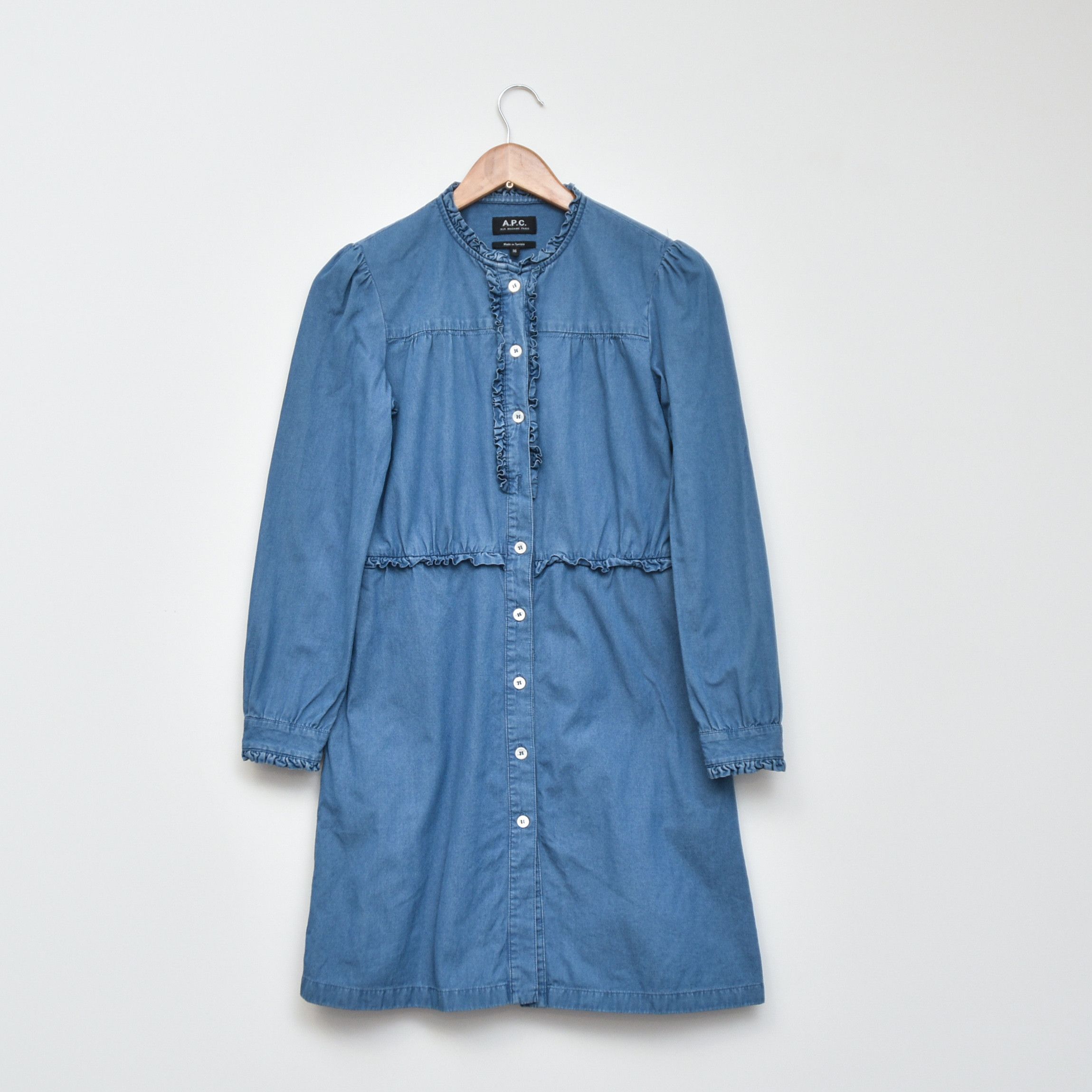 A.P.C. A.P.C. Hoshi Denim Shirt Dress Ruffle Collar Frill Detail Size S / US 4 / IT 40 - 1 Thumbnail