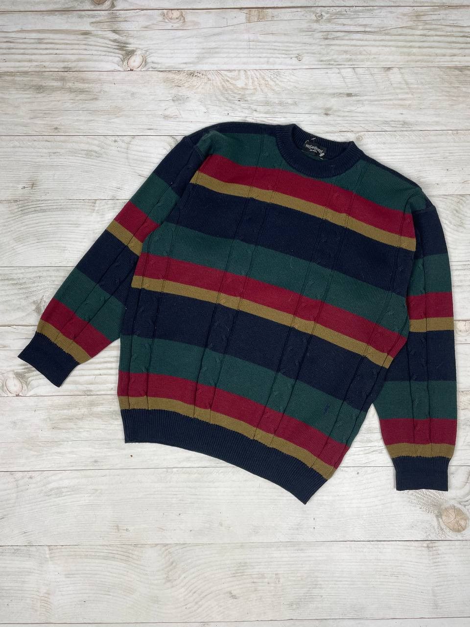 image of Vintage YVES Saint Laurent Knit Sweater 90's Wool YSL Luxury in Green/Blue, Men's (Size 2XL)