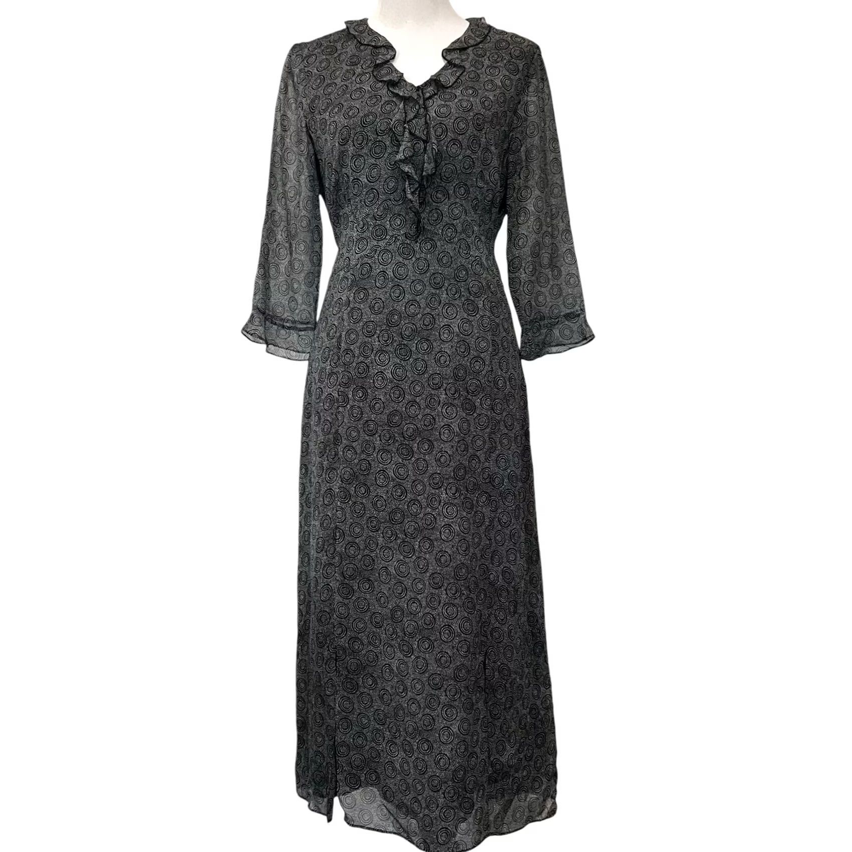 Vintage Garnet Hill Silk Dress Maxi Long Ruffle Trim Black White Print Women's Size 8 Dress Black White Print Silk Maxi Long Ruffle Trim Womens 8 Size M / US 6-8 / IT 42-44 - 2 Thumbnail
