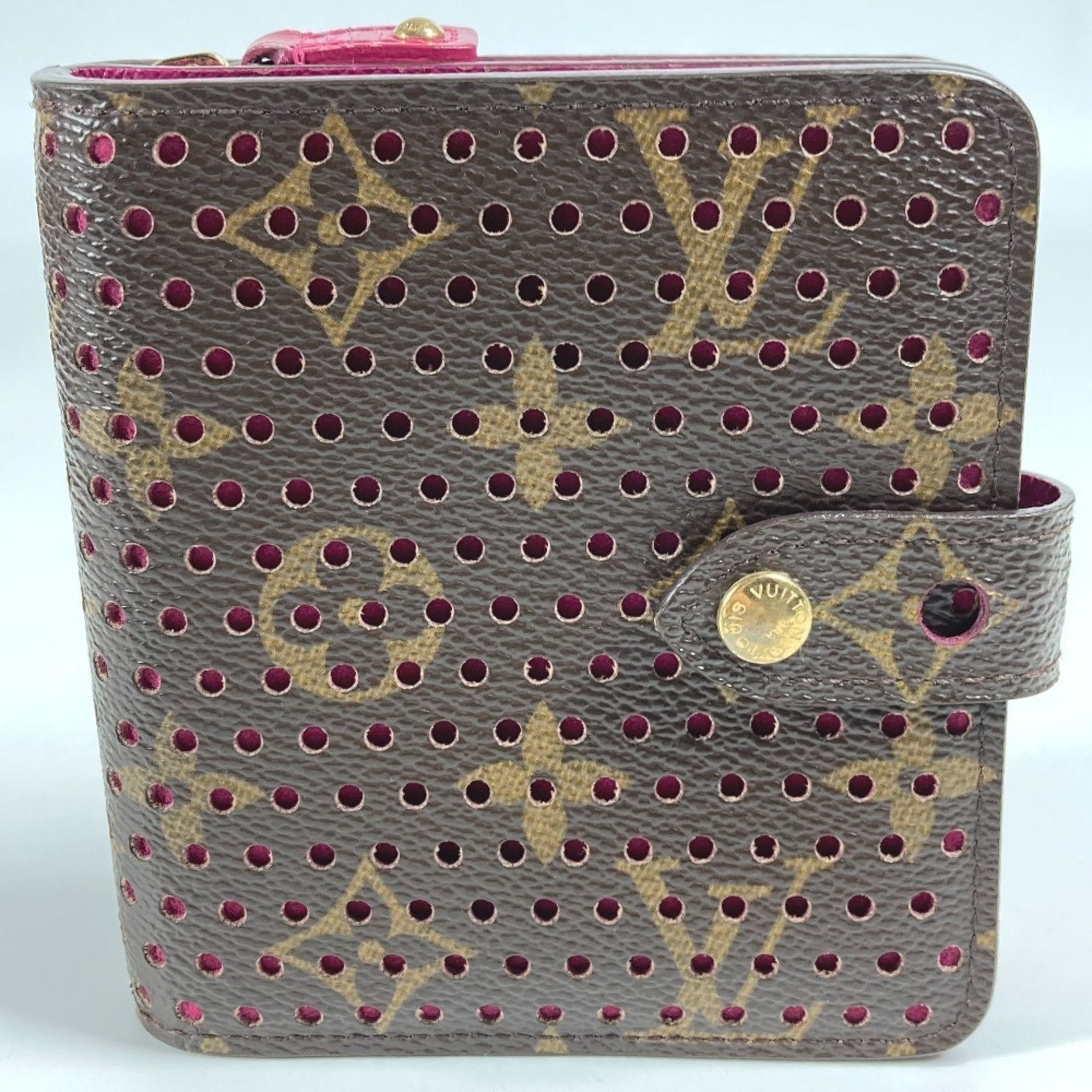 LOUIS VUITTON M95188 Monogram Perforated Compact Zip Wallet Bi-fold Canvas Women's Fuchsia Pink